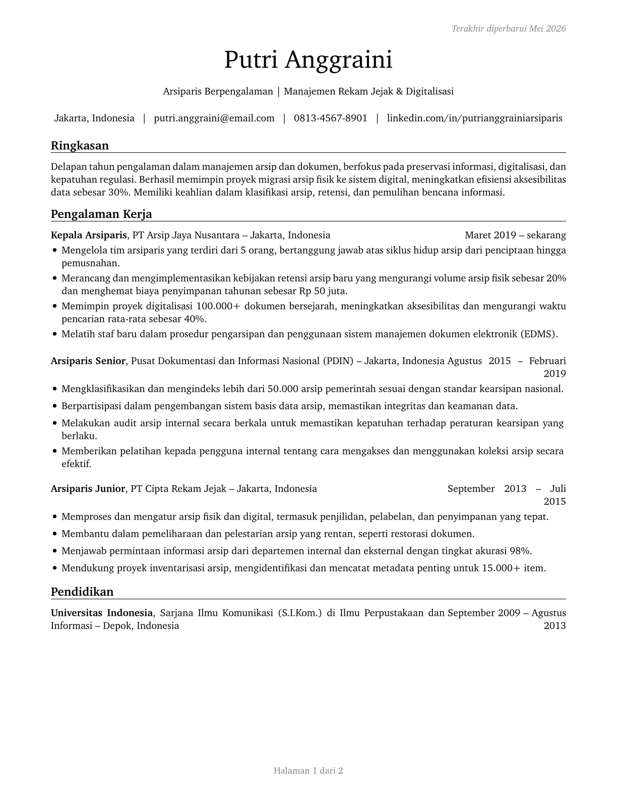 Archivists CV in Indonesian — page 1
