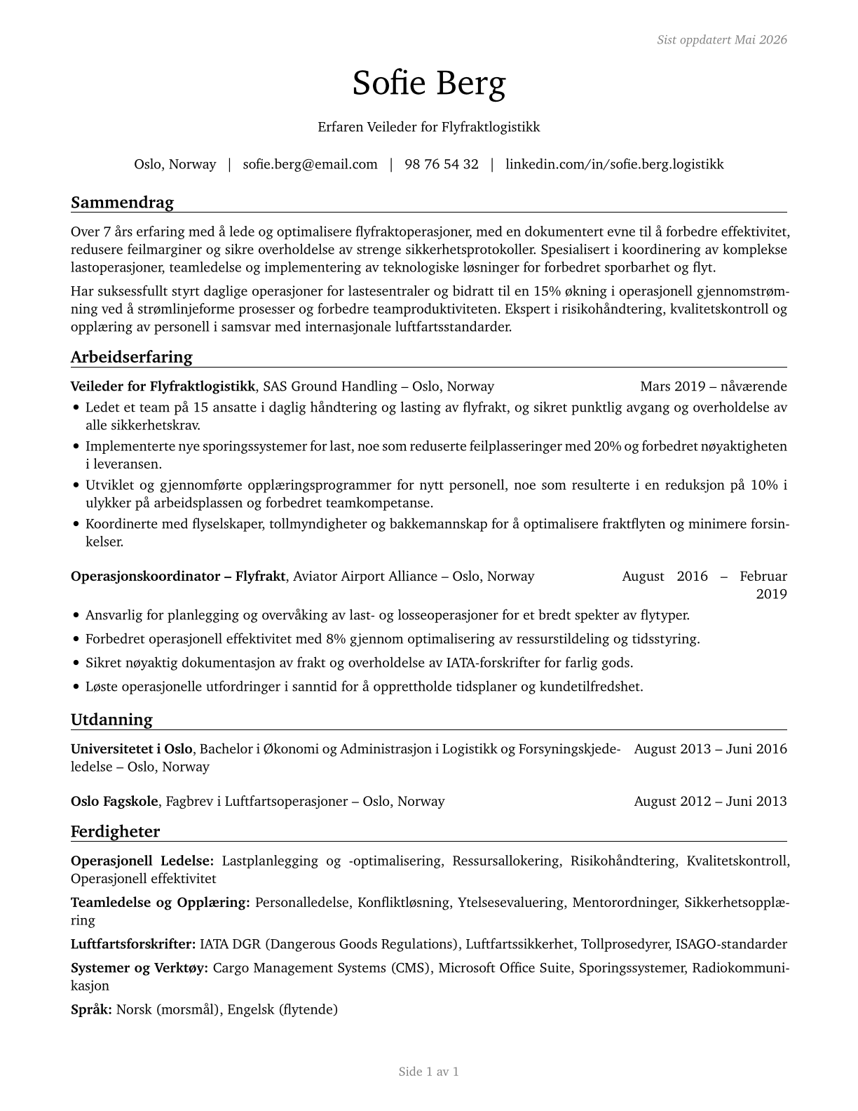 Aircraft Cargo Handling Supervisors CV in Norwegian_bokmal — page 1