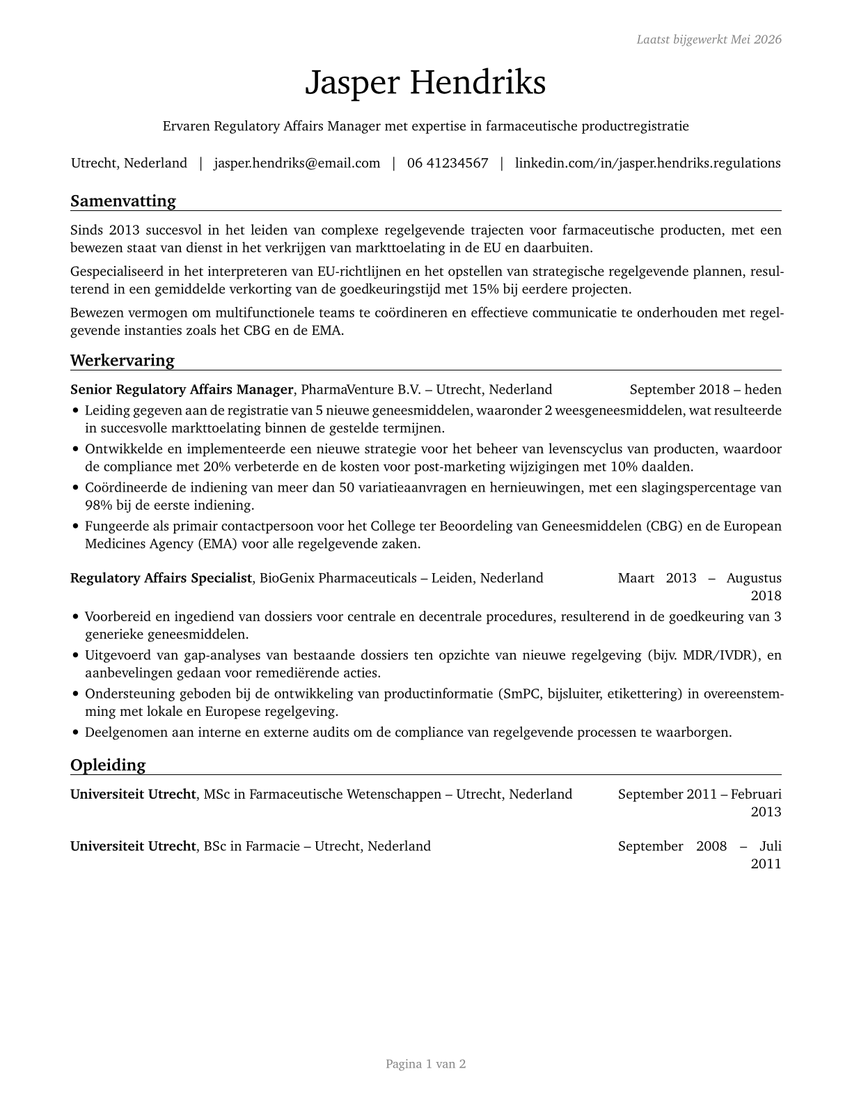 Regulatory Affairs Managers CV in Dutch — page 1