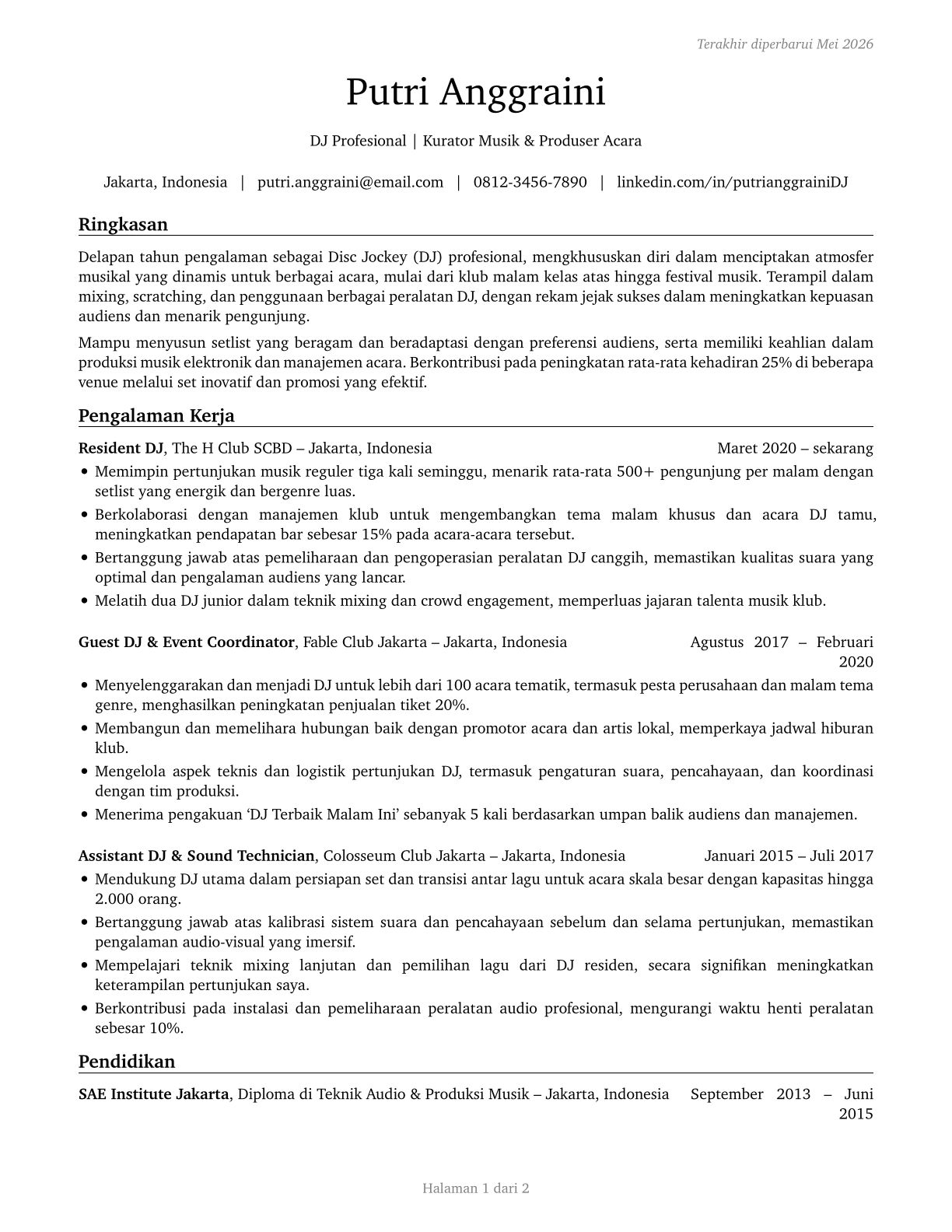 Disc Jockeys, Except Radio CV in Indonesian — page 1