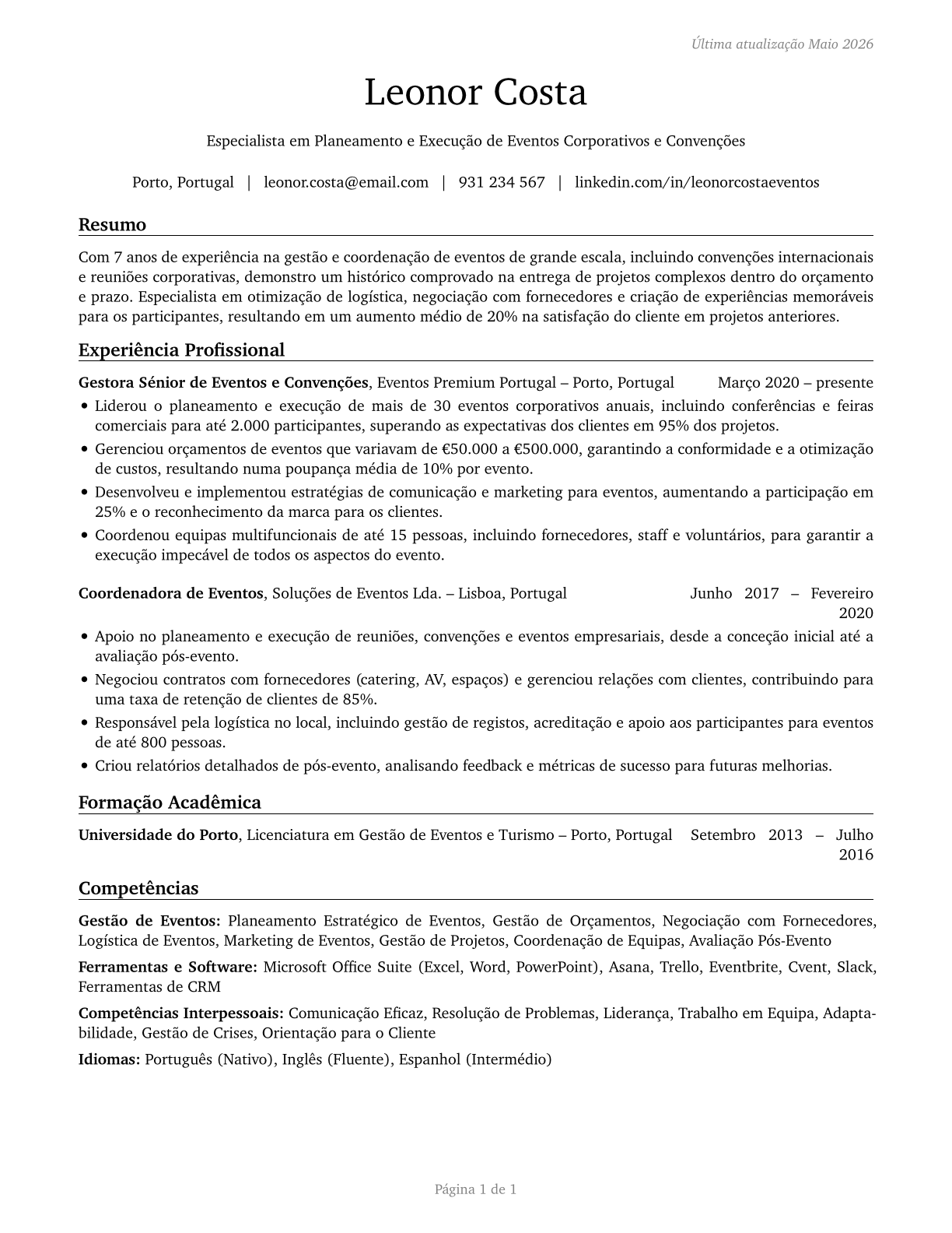Meeting, Convention, and Event Planners CV in Portuguese — page 1