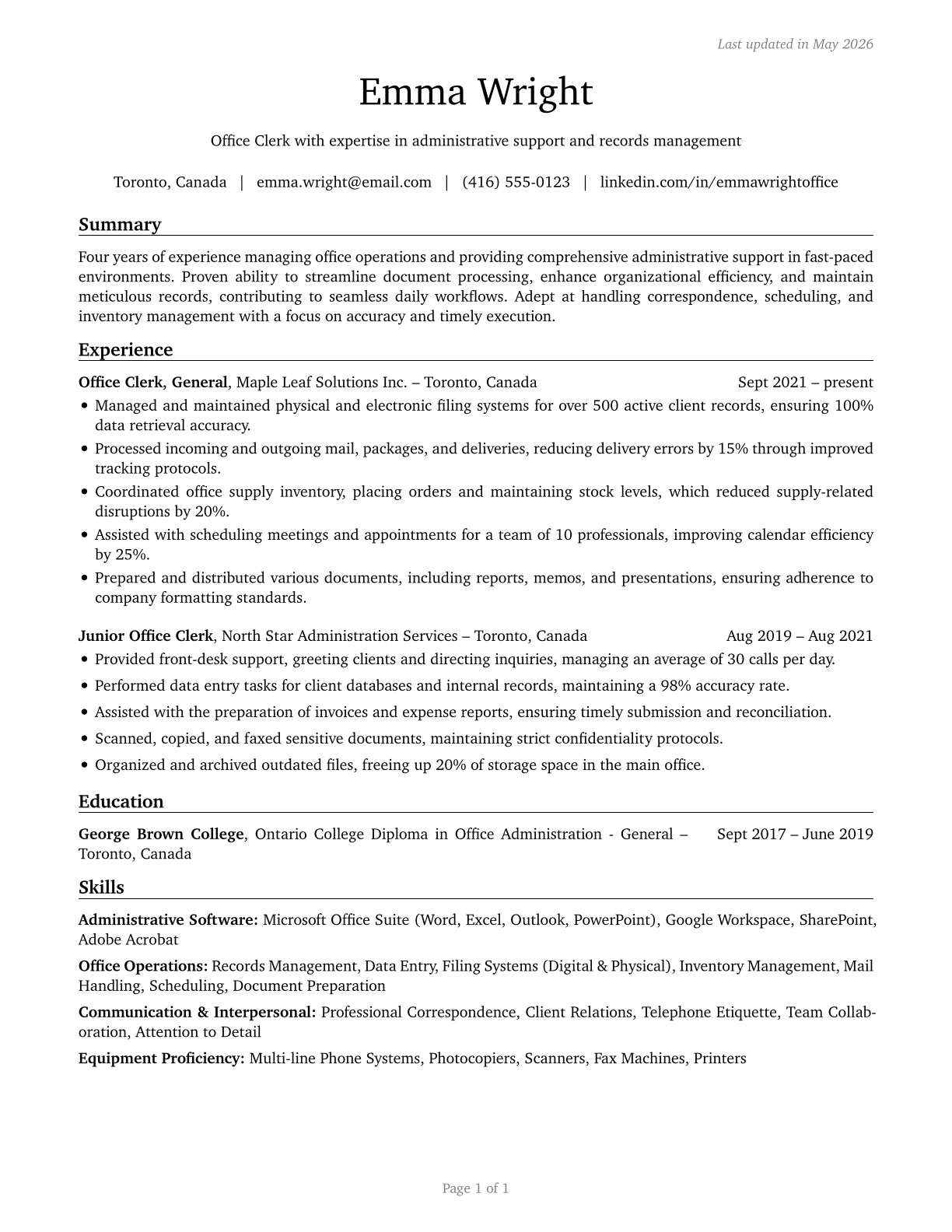 Office Clerks, General CV in English — page 1