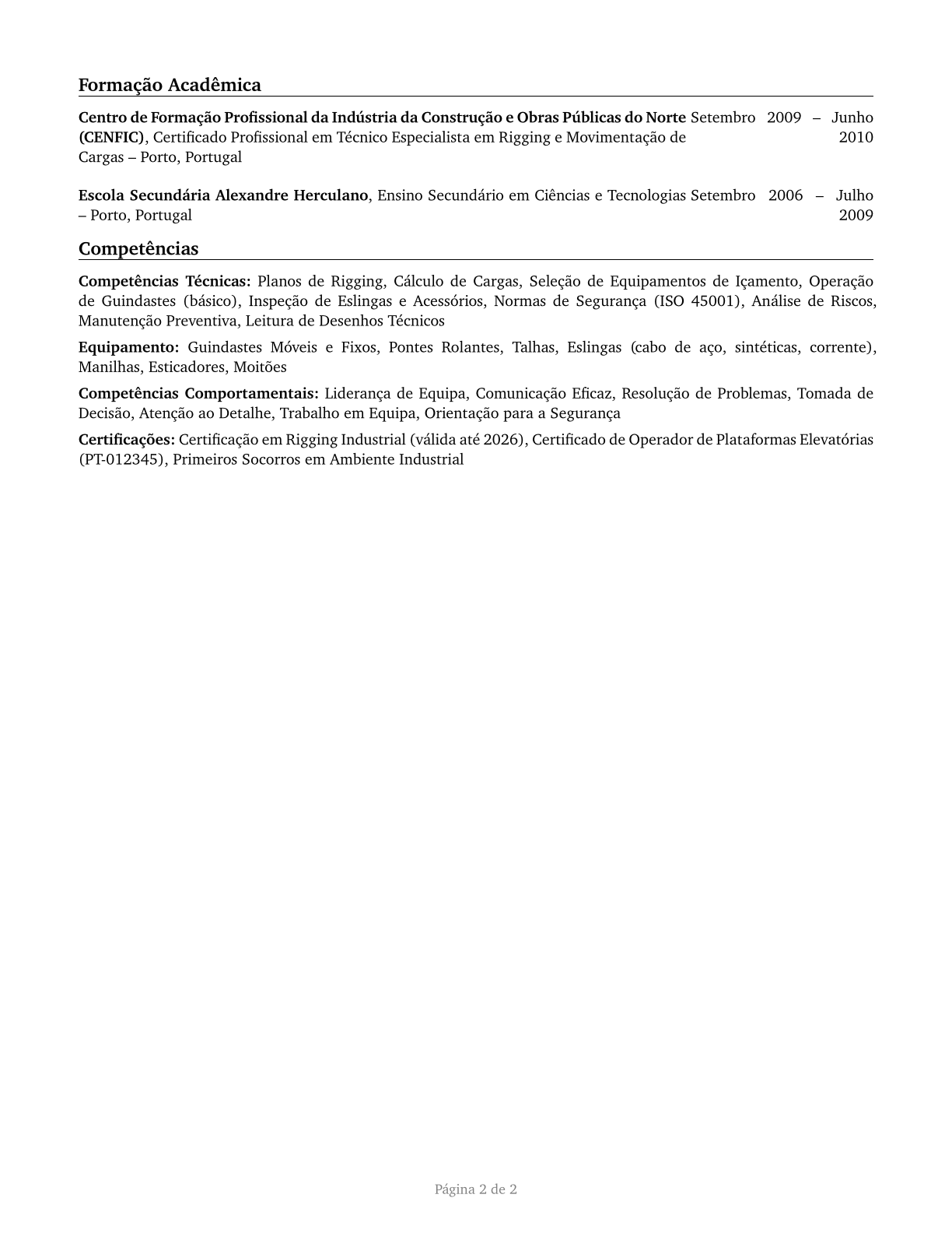Riggers CV in Portuguese — page 2
