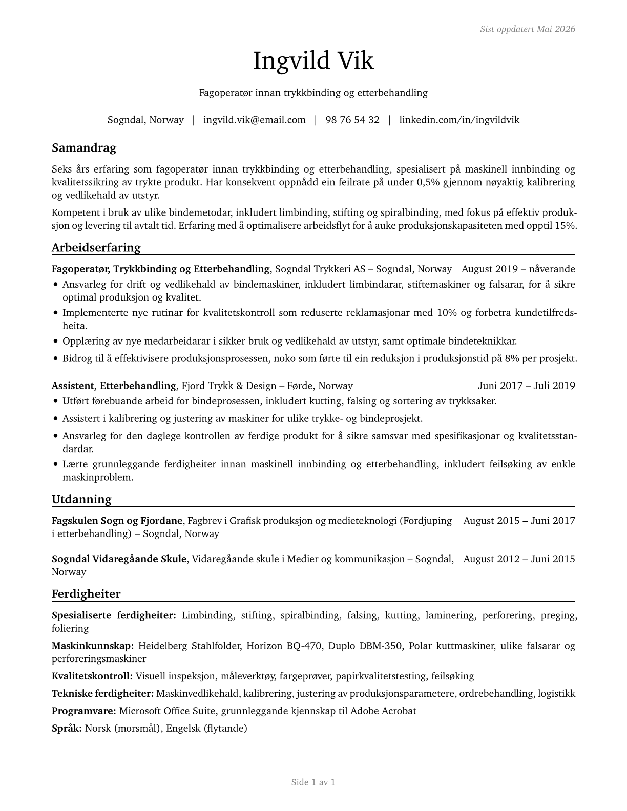 Print Binding and Finishing Workers CV in Norwegian_nynorsk — page 1