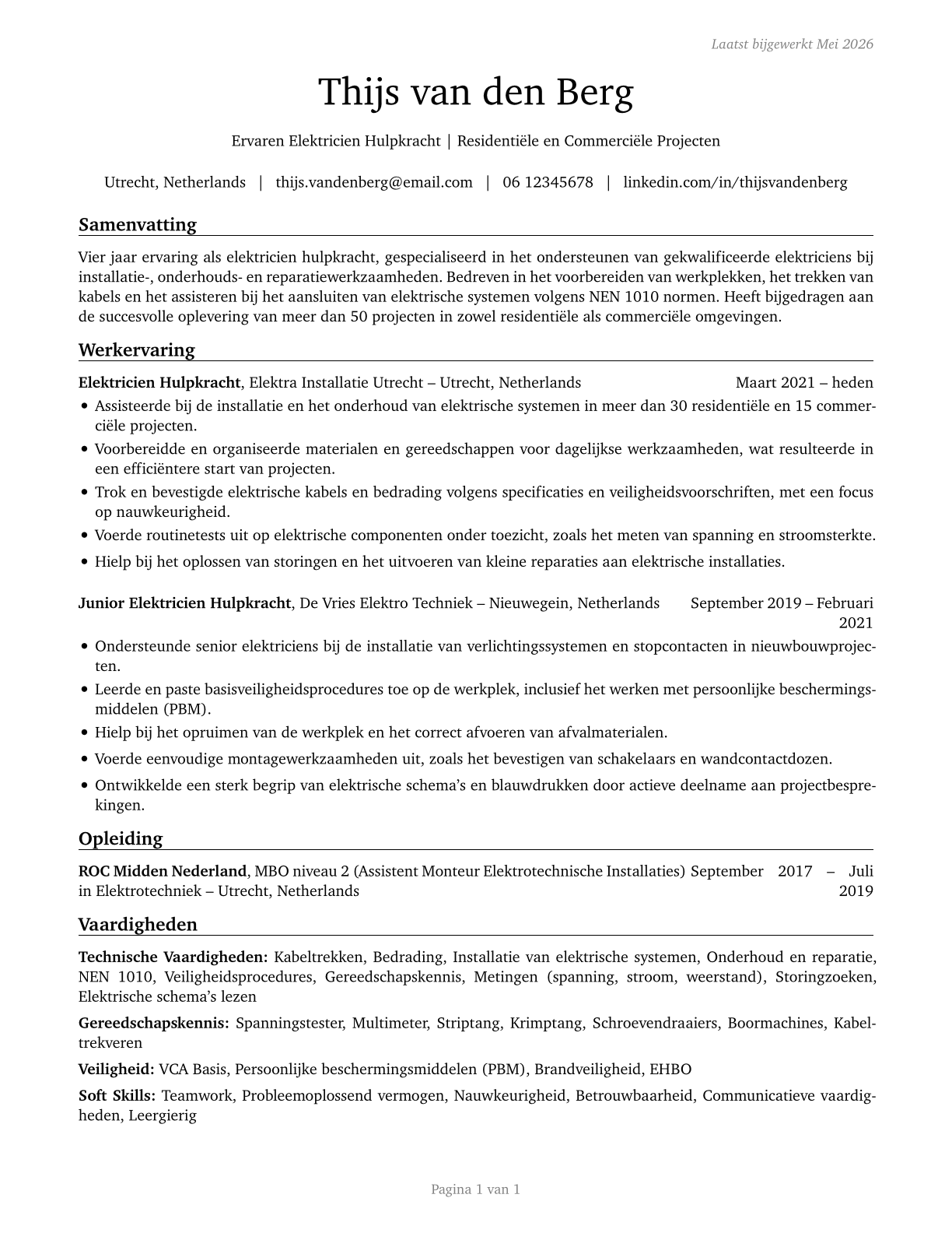 Helpers--Electricians CV in Dutch — page 1