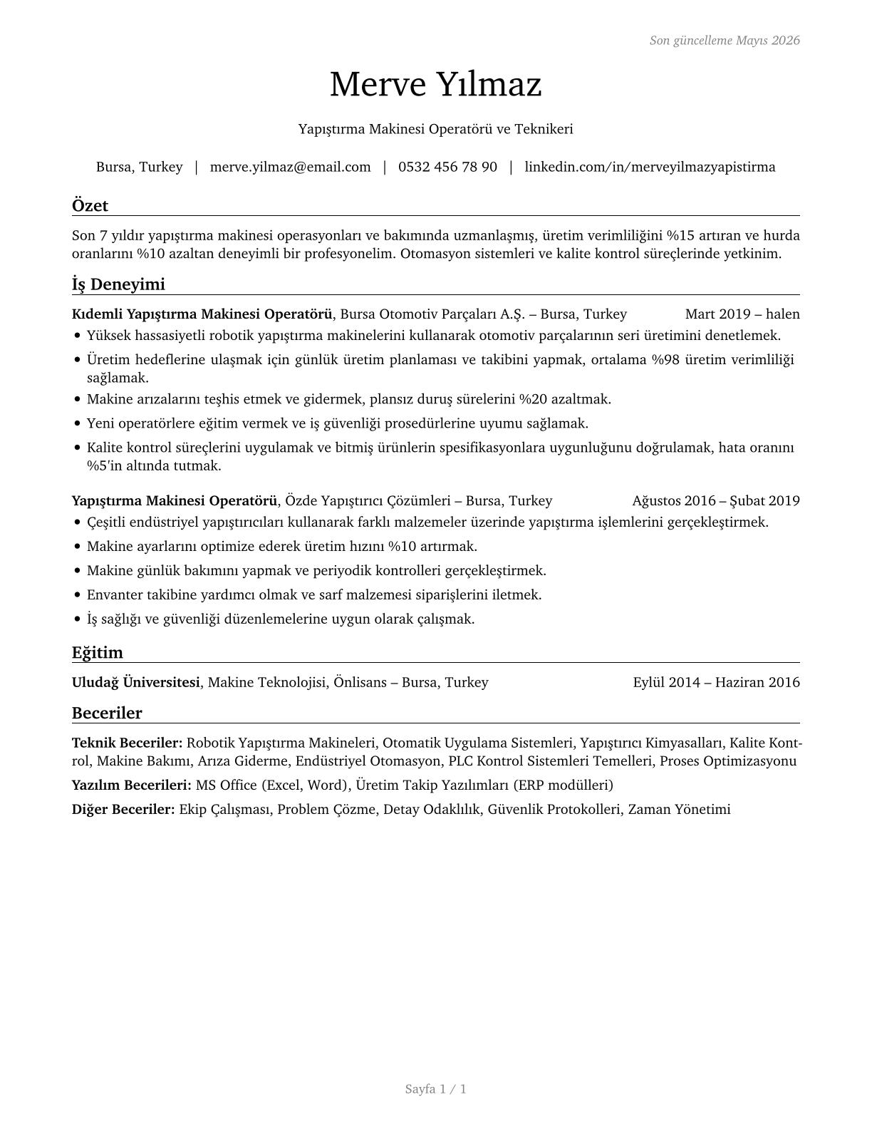 Adhesive Bonding Machine Operators and Tenders CV in Turkish — page 1
