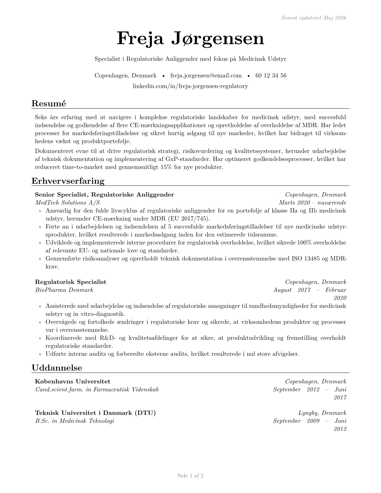 Regulatory Affairs Specialists CV in Danish — page 1