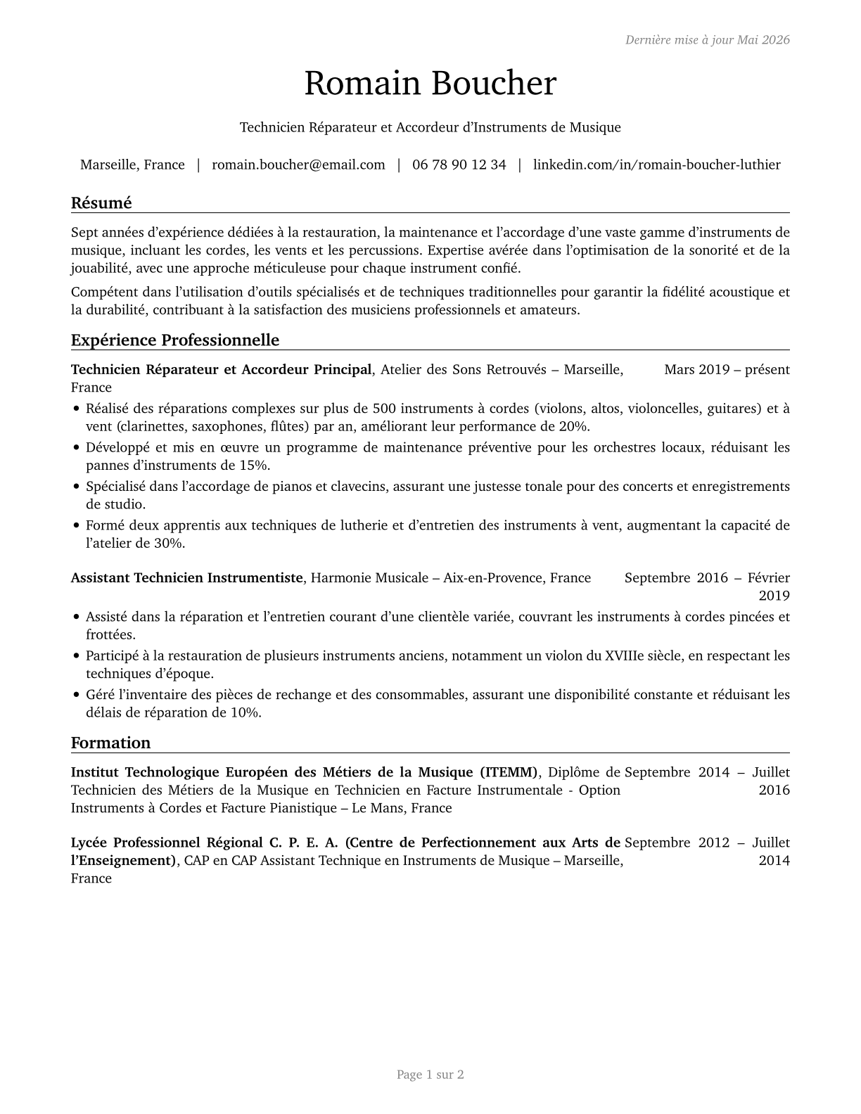 Musical Instrument Repairers and Tuners CV in French — page 1