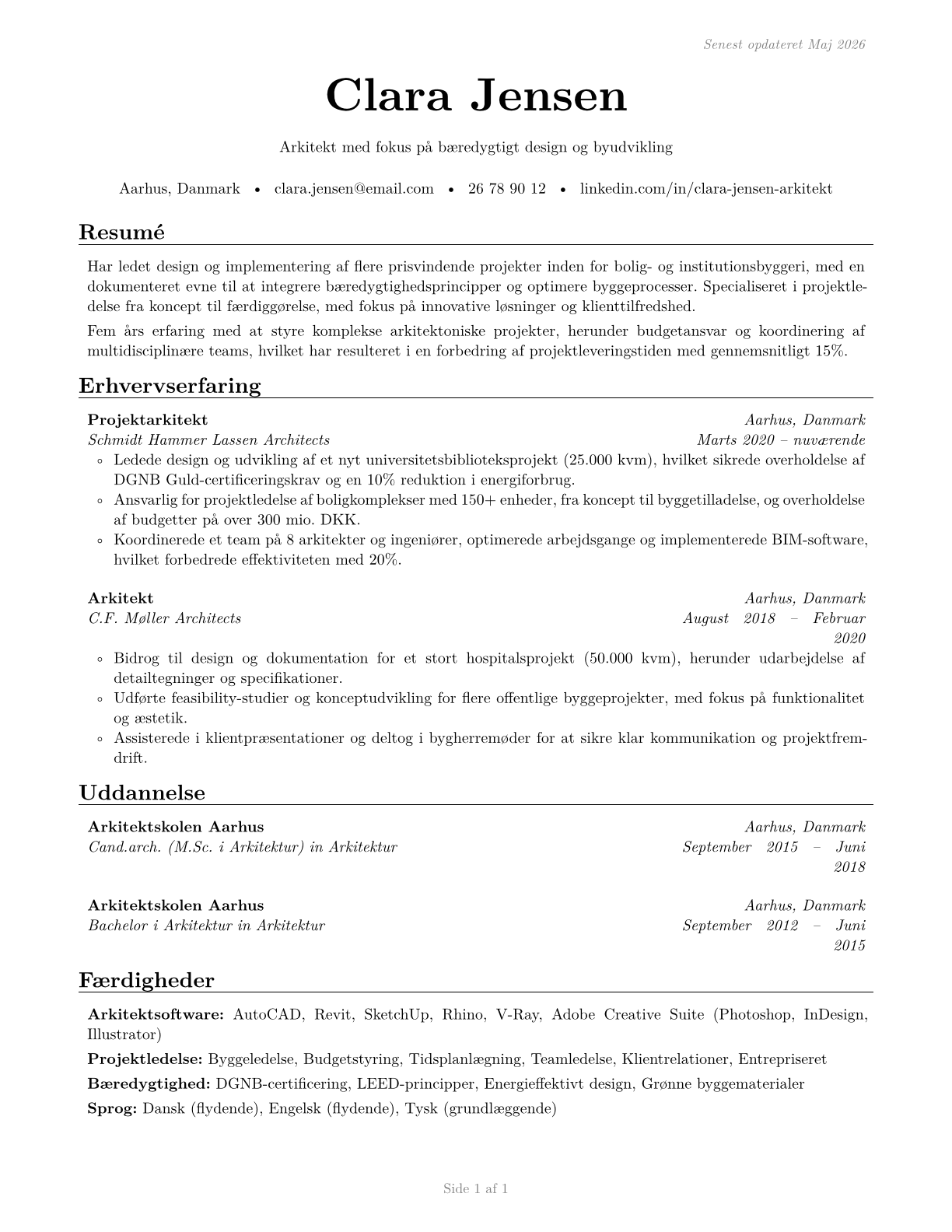 Architects, Except Landscape and Naval CV in Danish — page 1