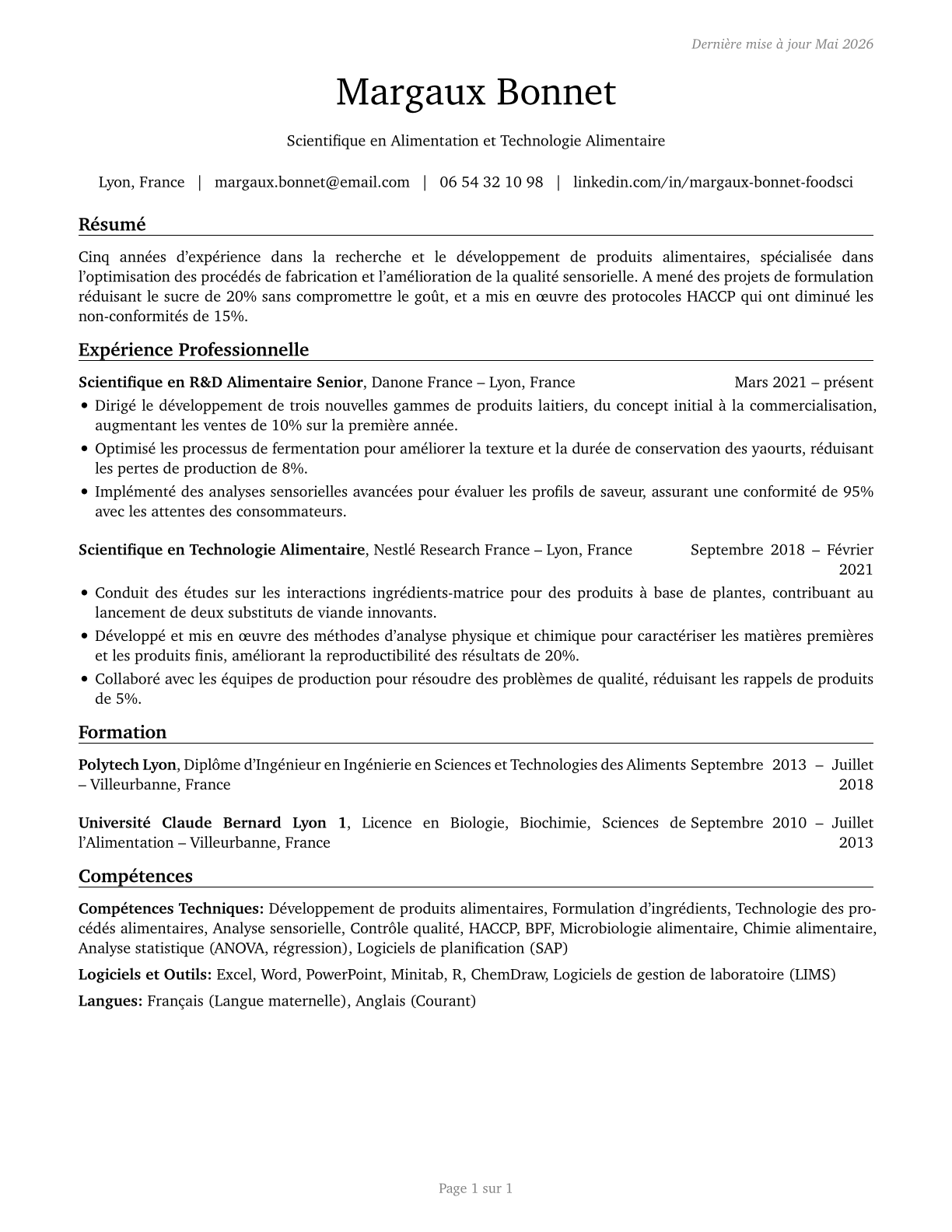 Food Scientists and Technologists CV in French — page 1