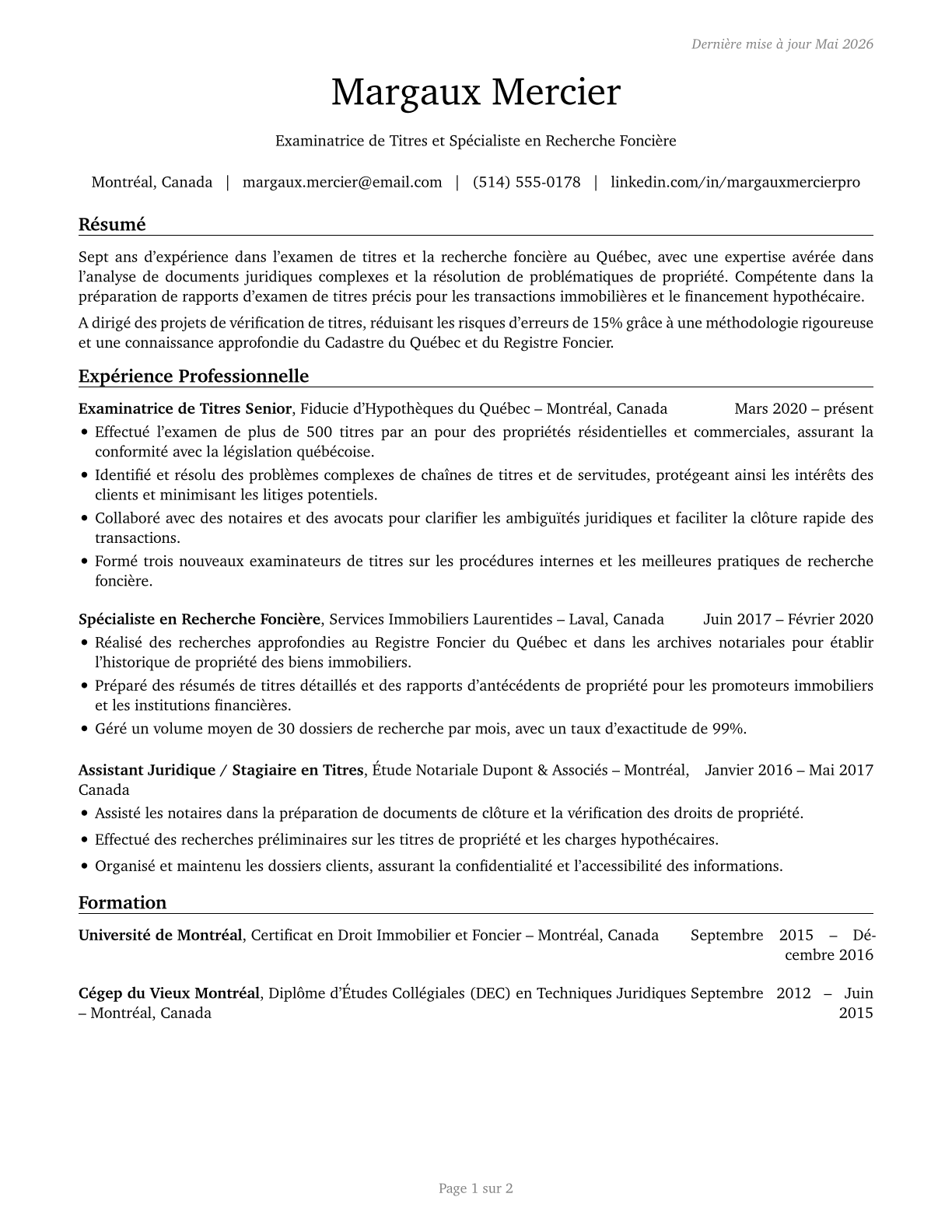Title Examiners, Abstractors, and Searchers CV in French — page 1