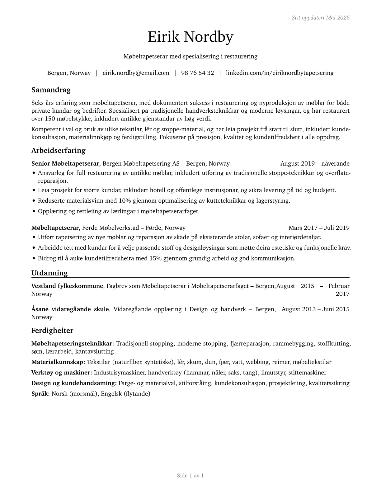 Upholsterers CV in Norwegian_nynorsk — page 1