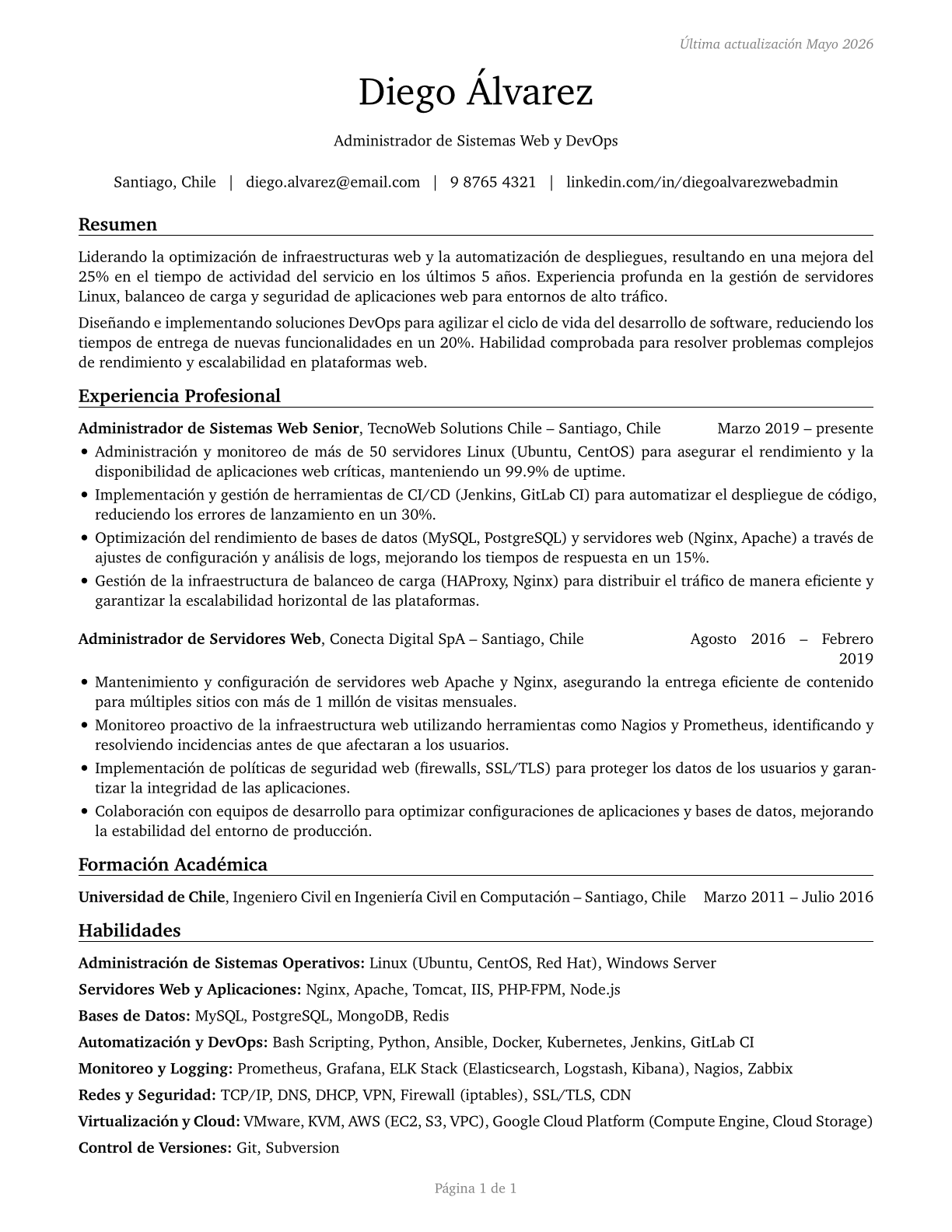 Web Administrators CV in Spanish — page 1