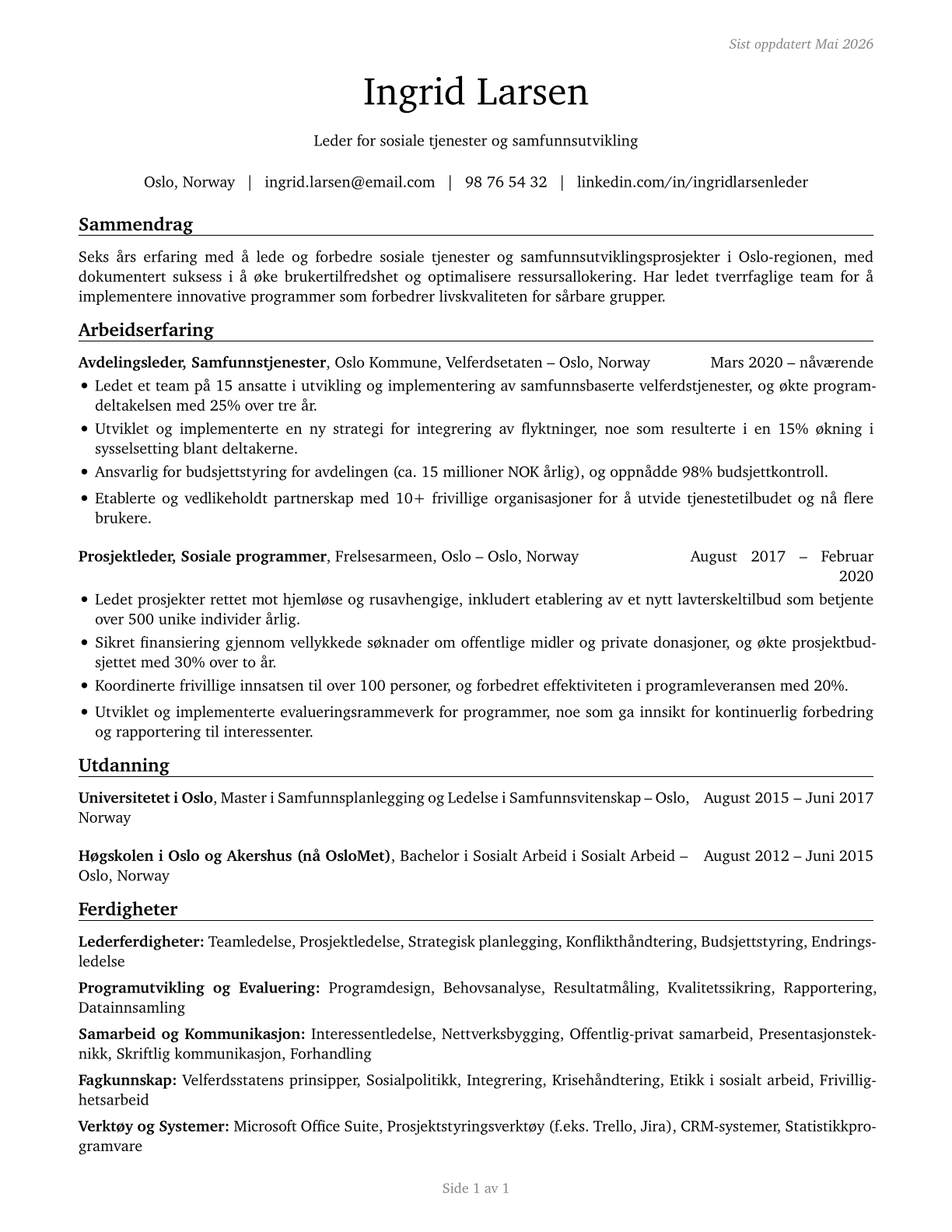 Social and Community Service Managers CV in Norwegian_bokmal — page 1