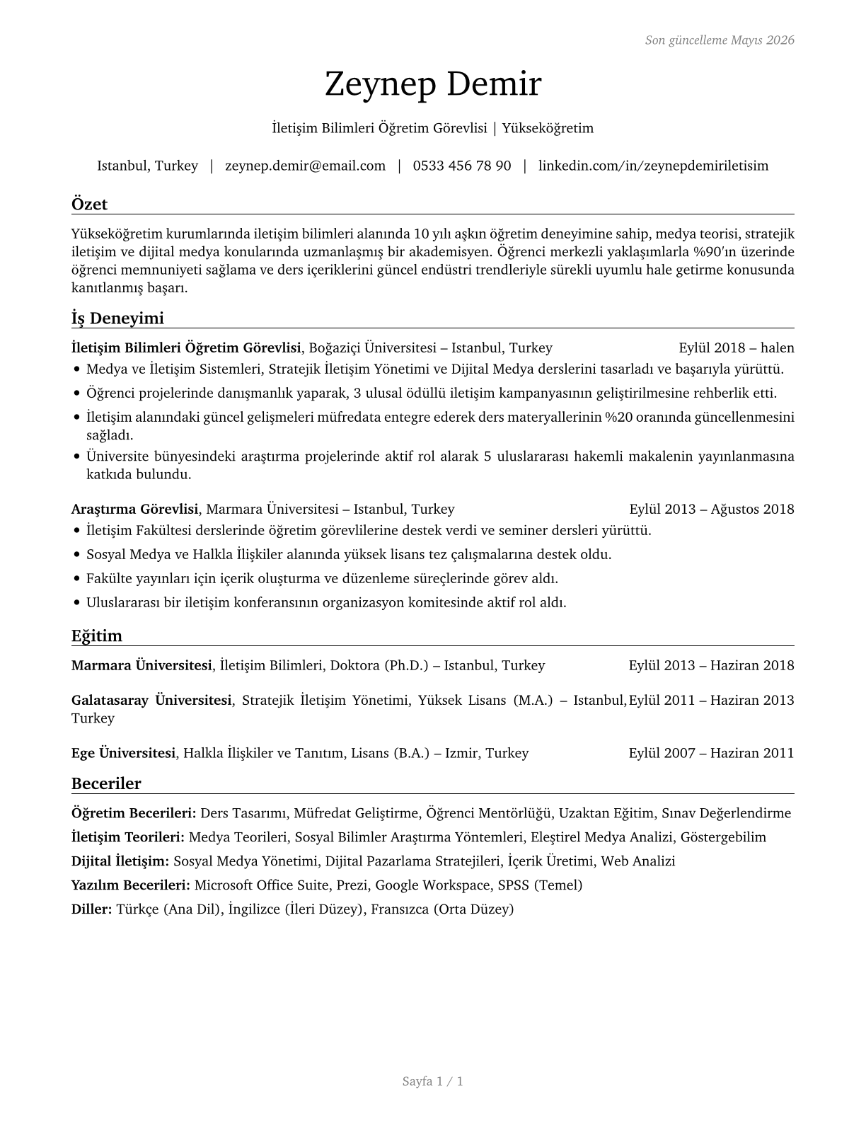 Communications Teachers, Postsecondary CV in Turkish — page 1