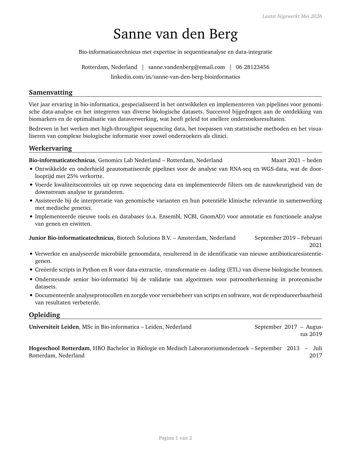Bioinformatics Technicians CV in Dutch — page 1
