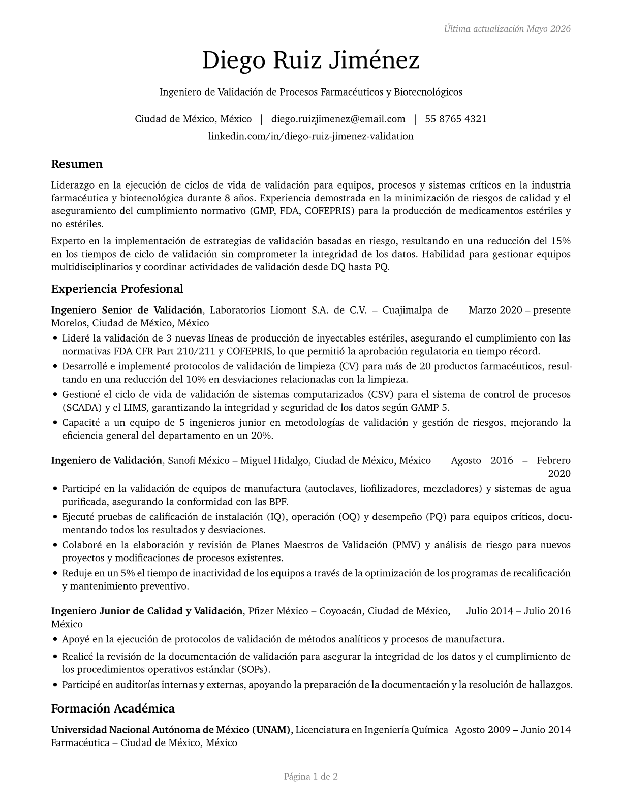 Validation Engineers CV in Spanish — page 1