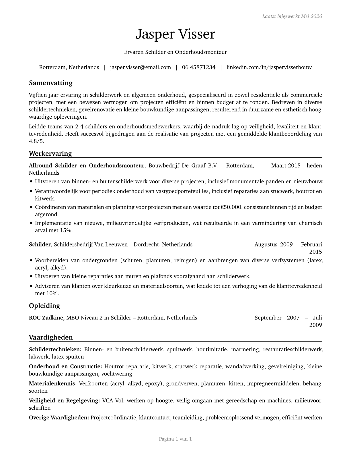 Painters, Construction and Maintenance CV in Dutch — page 1