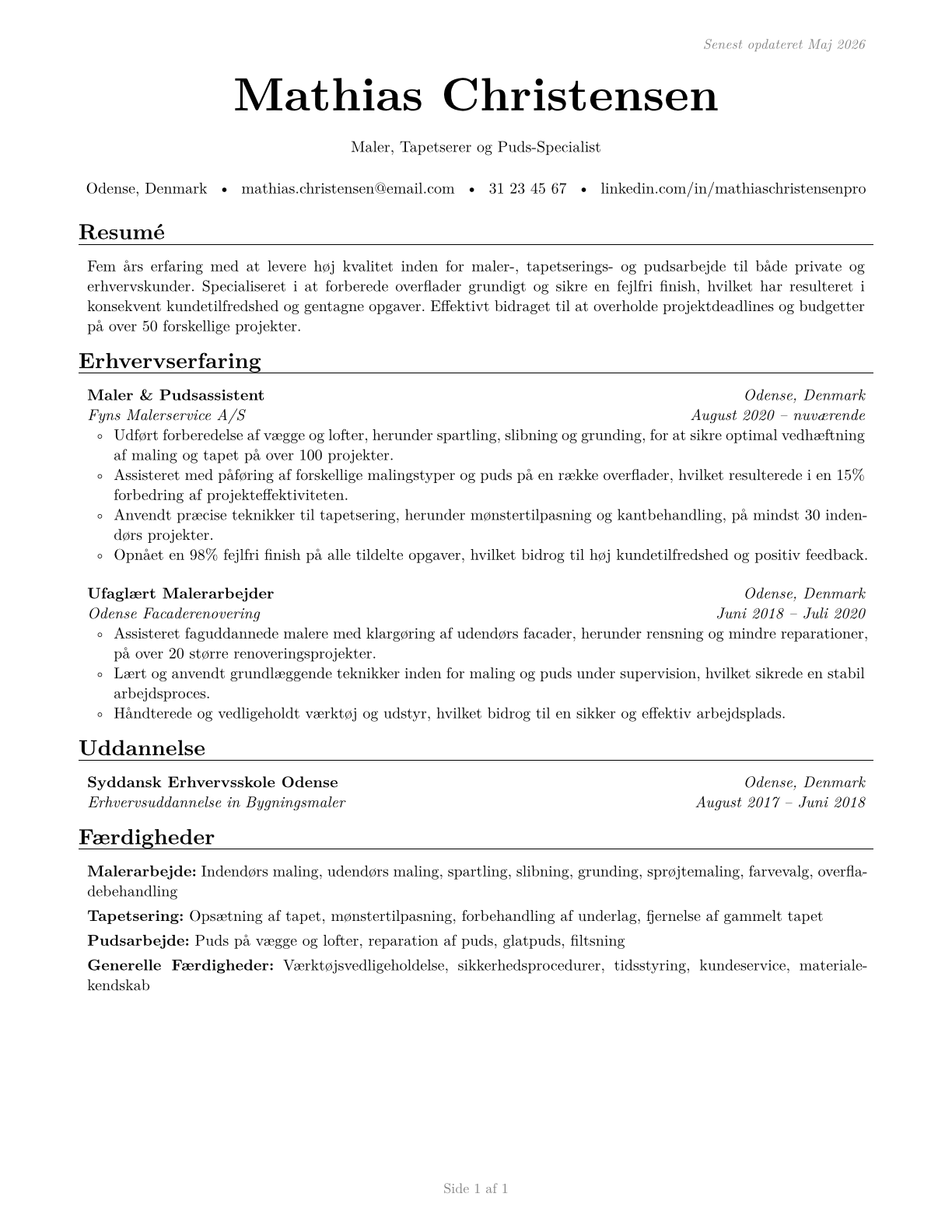 Helpers--Painters, Paperhangers, Plasterers, and Stucco Masons CV in Danish — page 1