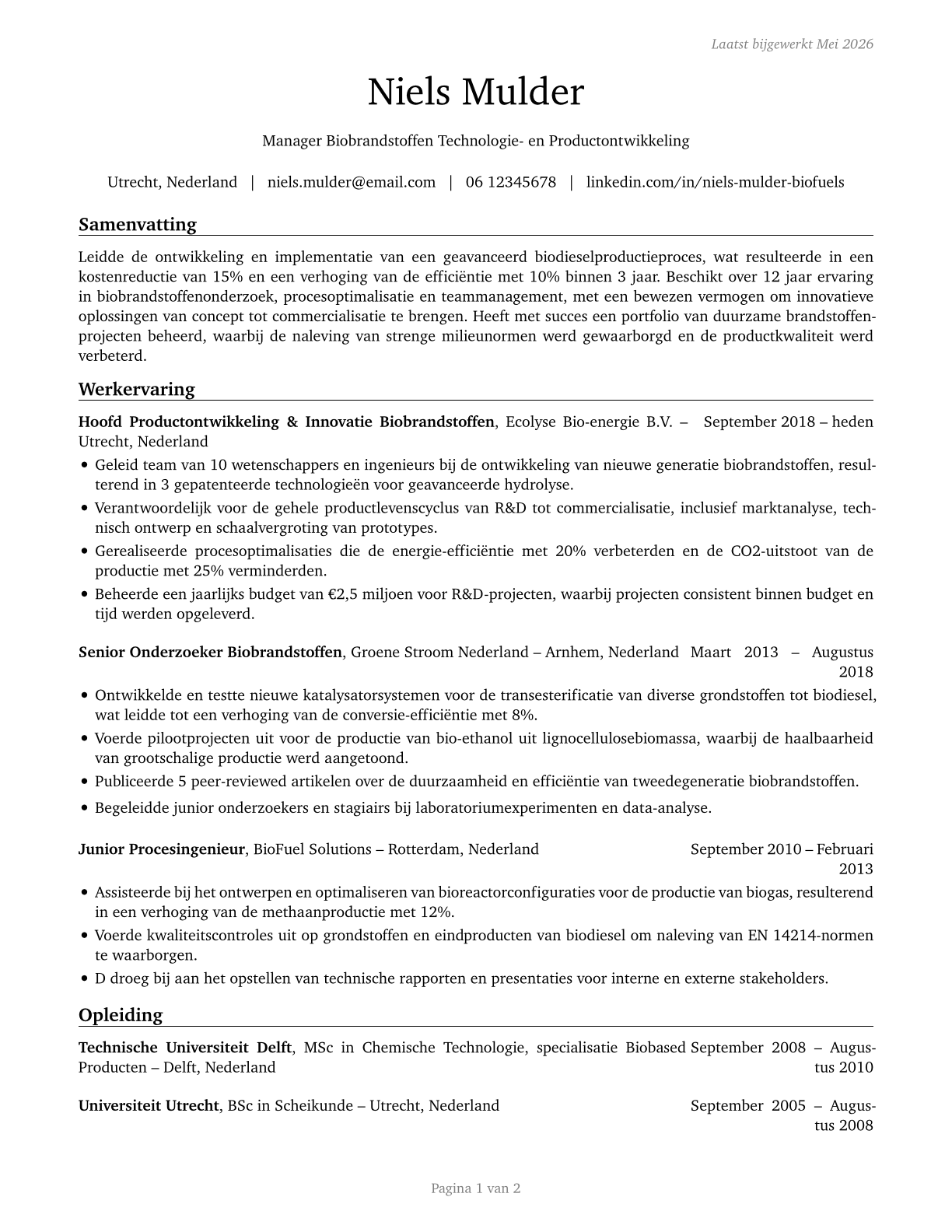 Biofuels/Biodiesel Technology and Product Development Managers CV in Dutch — page 1