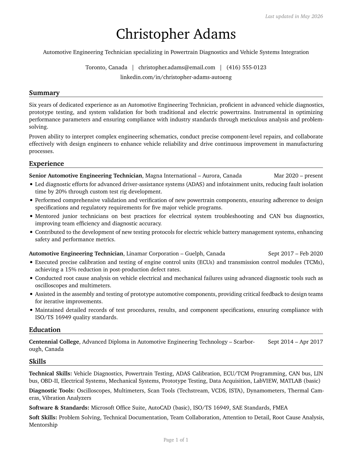 Automotive Engineering Technicians CV in English — page 1