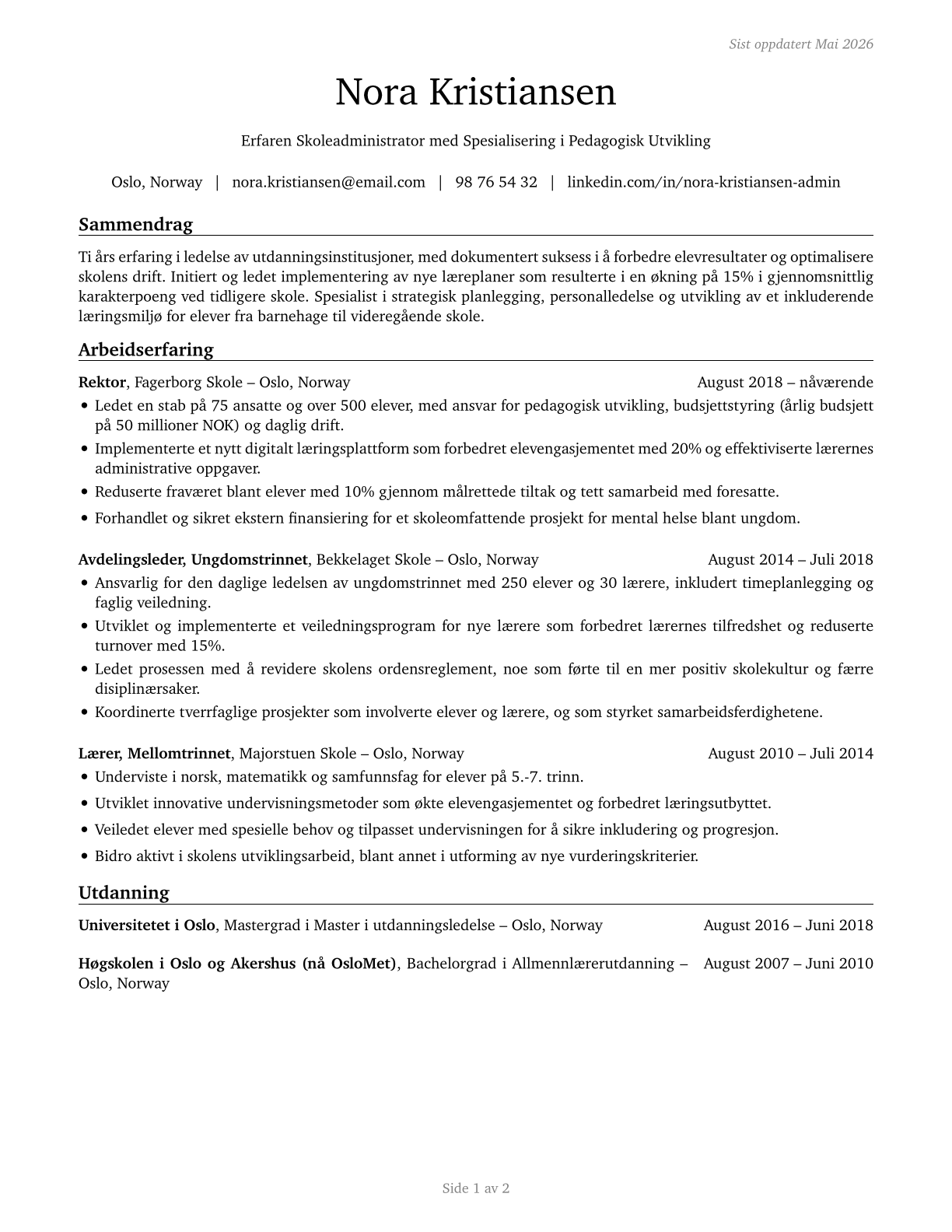 Education Administrators, Kindergarten through Secondary CV in Norwegian_bokmal — page 1