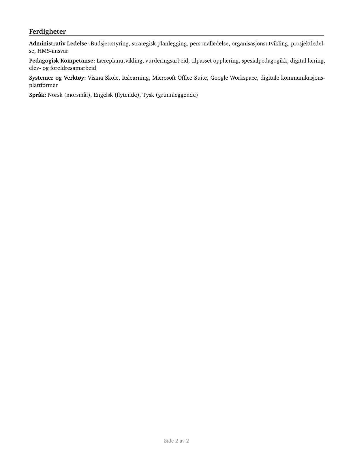 Education Administrators, Kindergarten through Secondary CV in Norwegian_bokmal — page 2