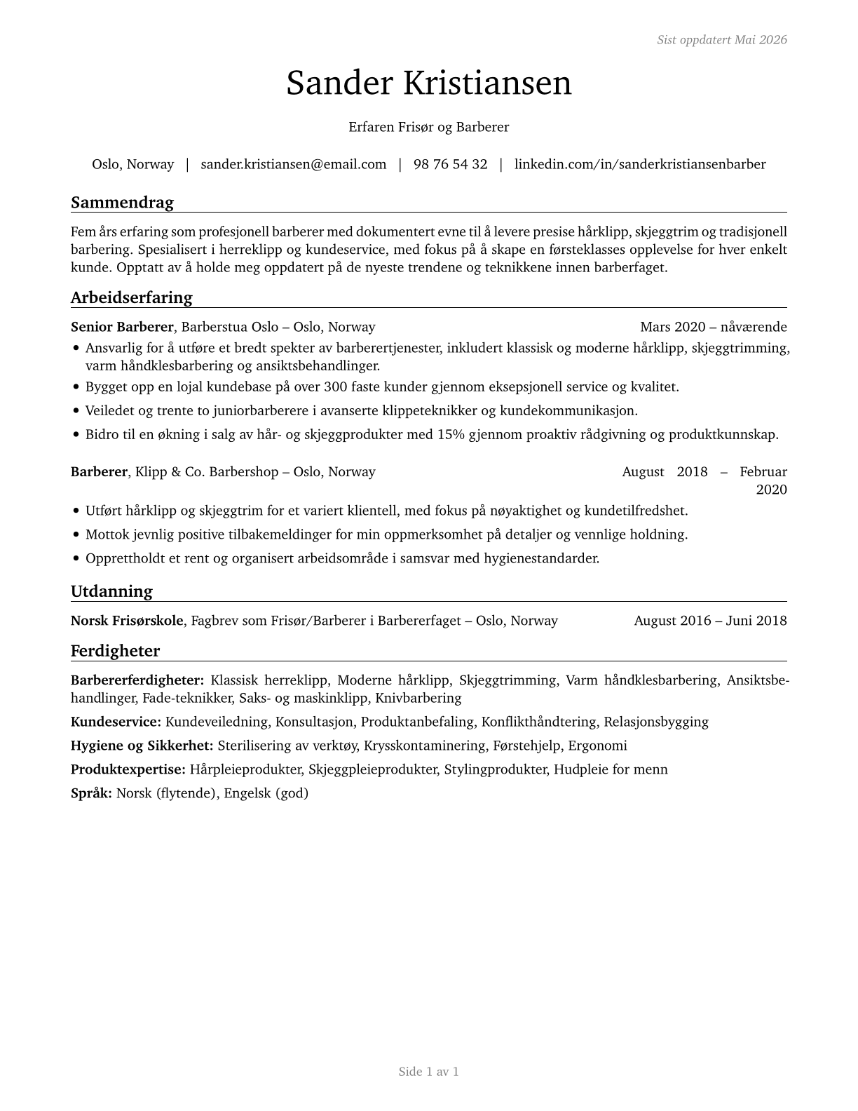 Barbers CV in Norwegian_bokmal — page 1