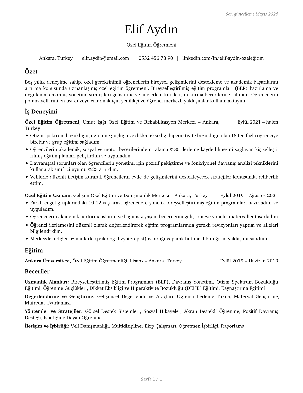 Special Education Teachers, All Other CV in Turkish — page 1