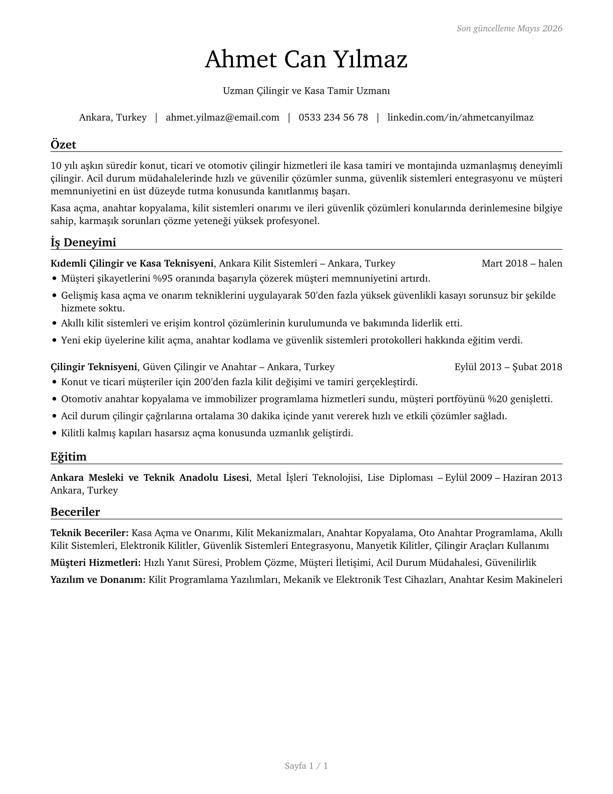 Locksmiths and Safe Repairers CV in Turkish — page 1