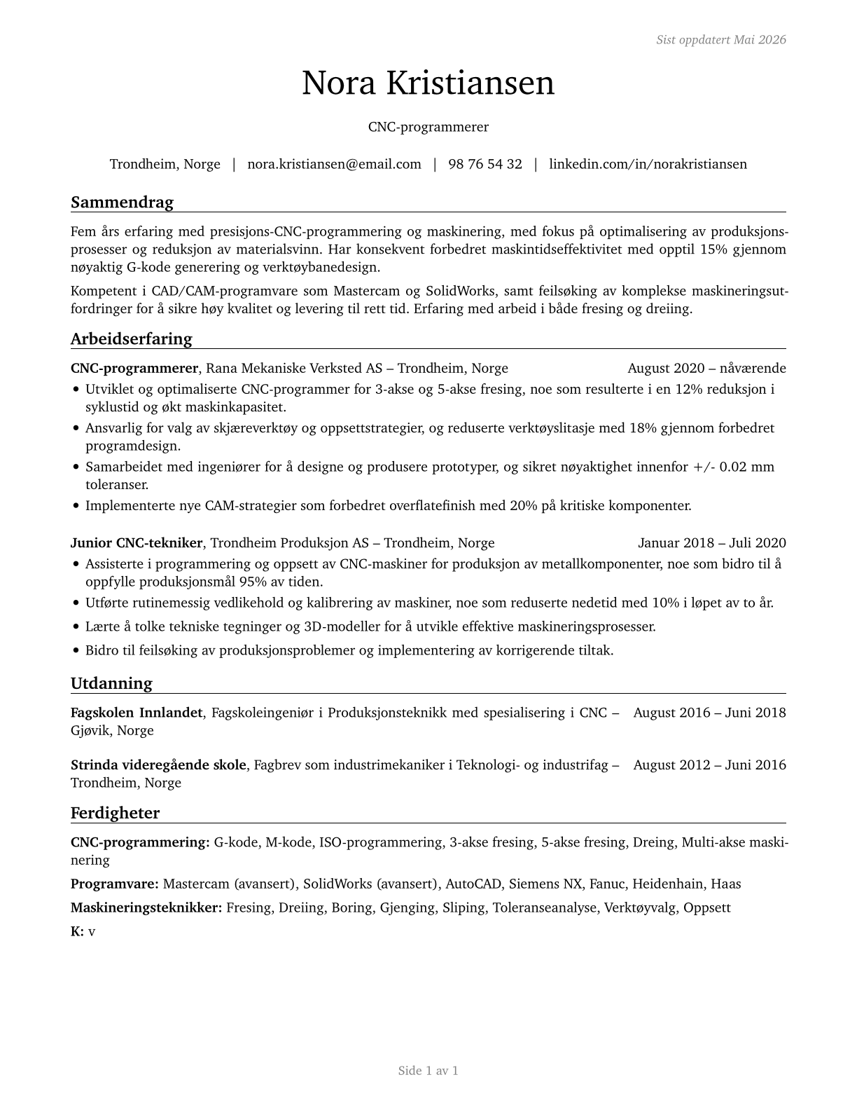 Computer Numerically Controlled Tool Programmers CV in Norwegian_bokmal — page 1