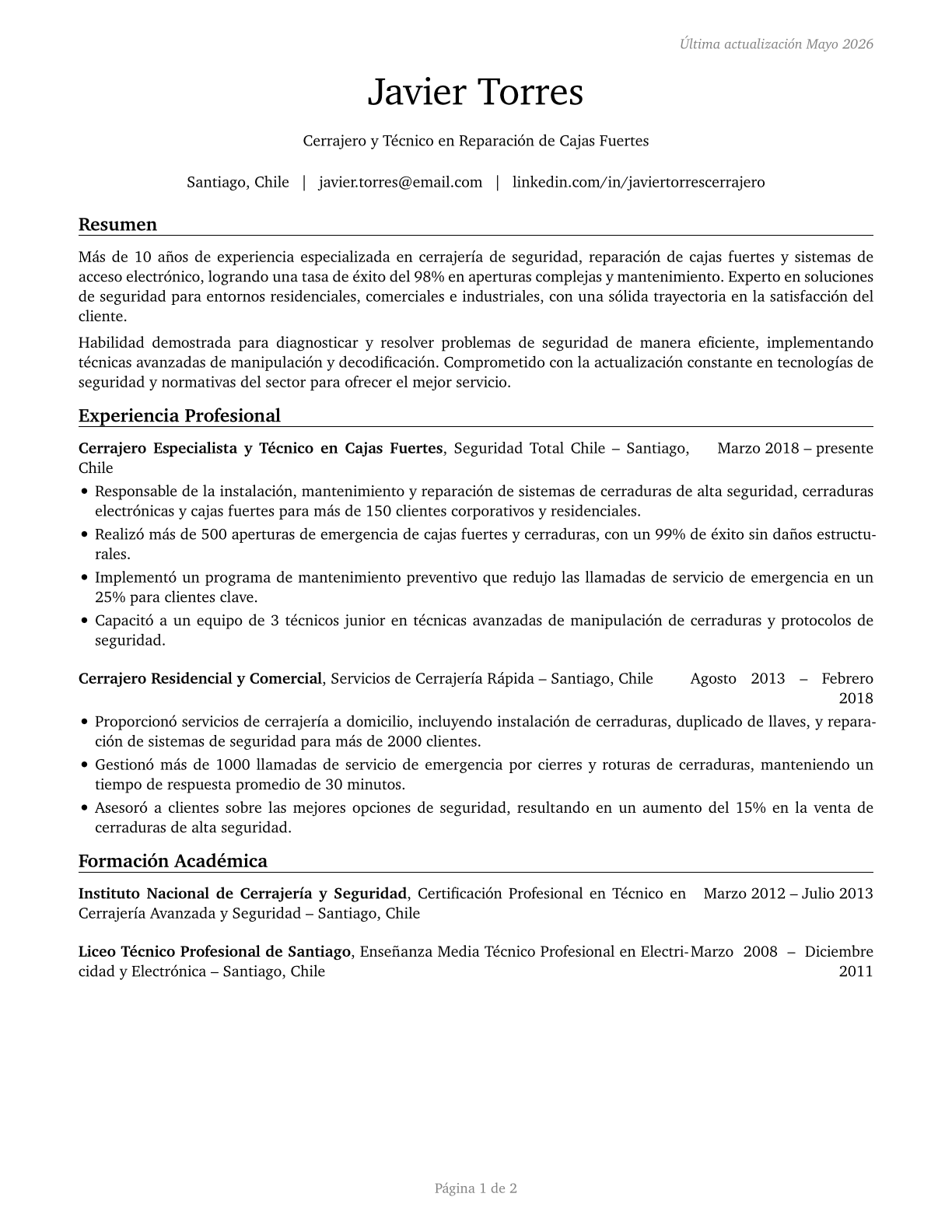 Locksmiths and Safe Repairers CV in Spanish — page 1