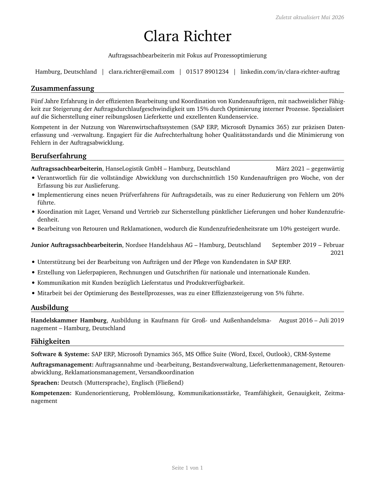 Order Clerks CV in German — page 1