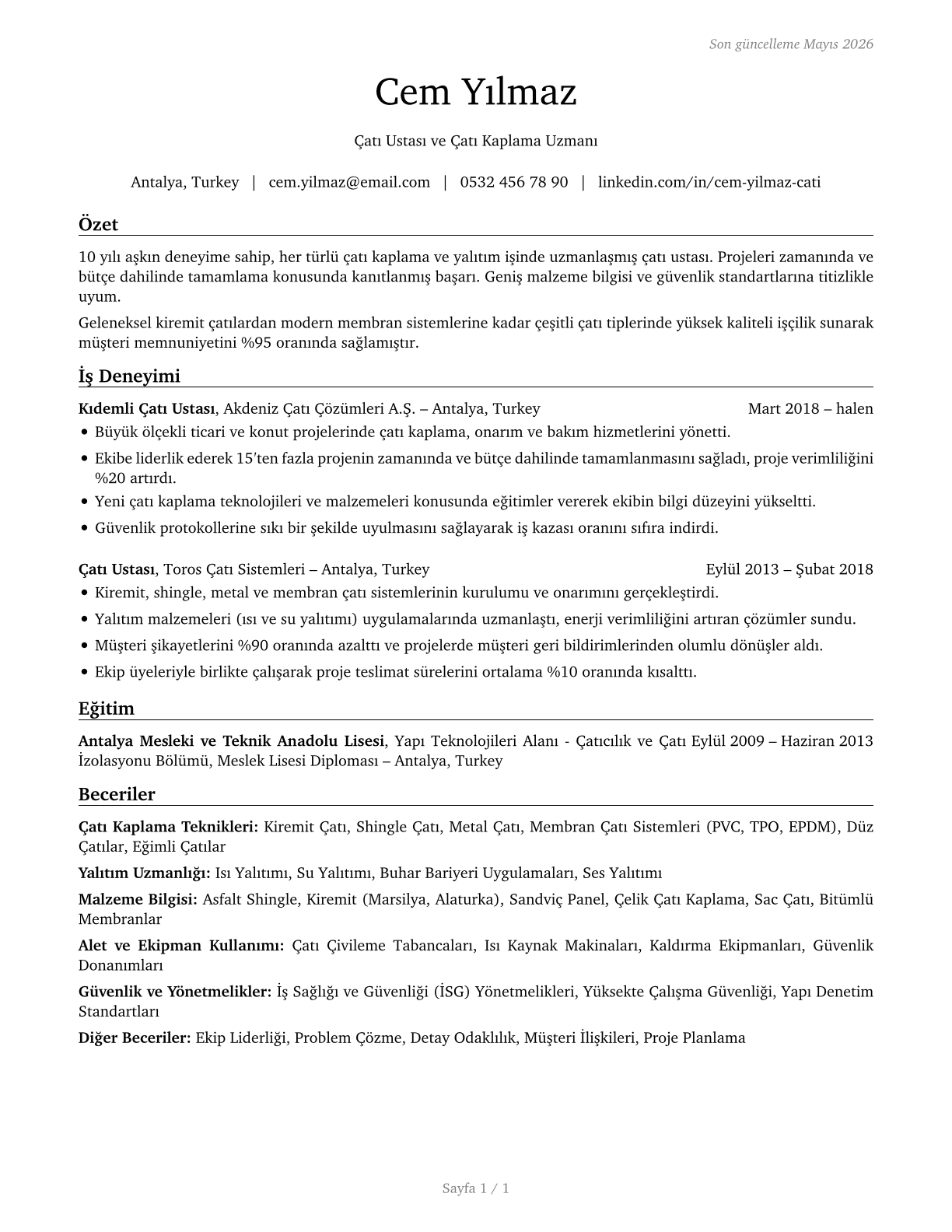 Roofers CV in Turkish — page 1
