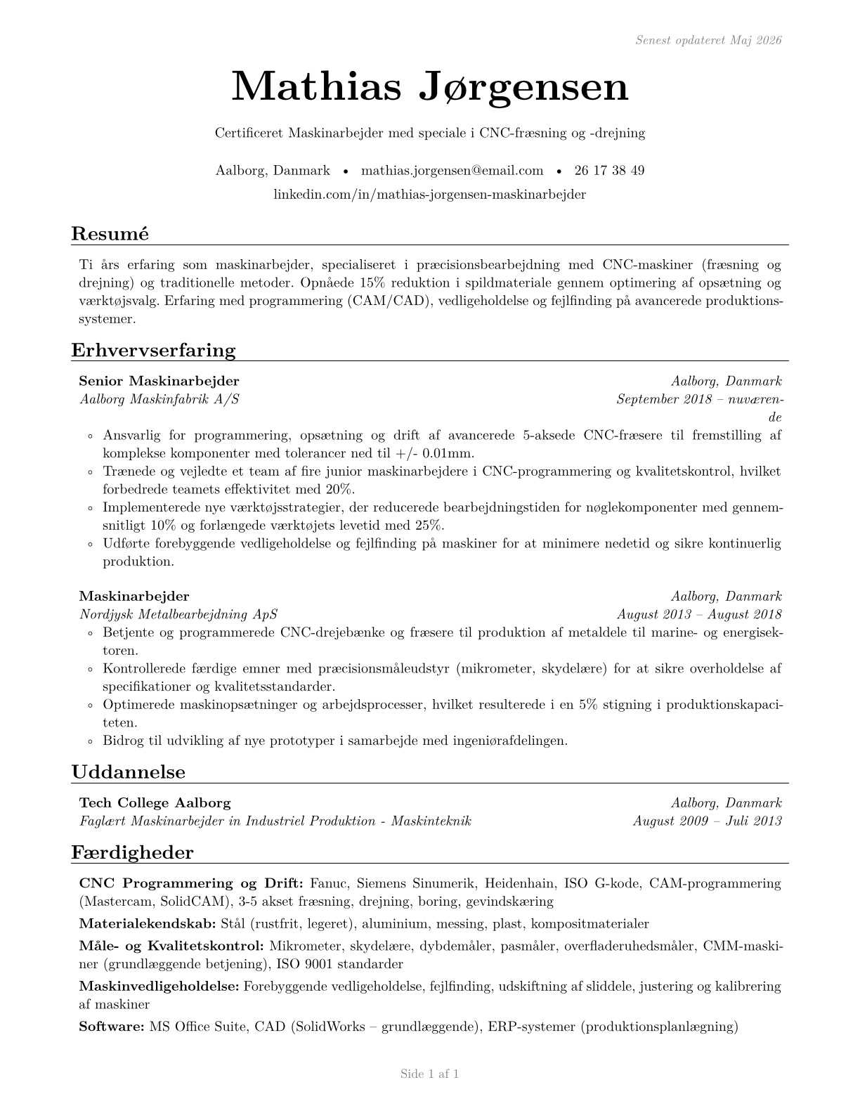 Machinists CV in Danish — page 1