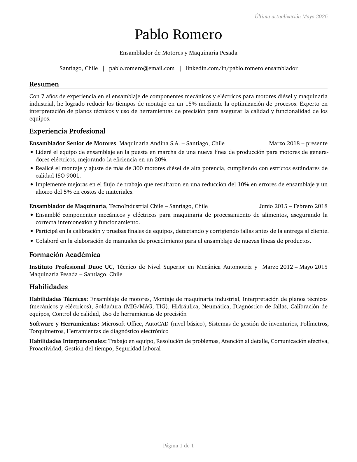 Engine and Other Machine Assemblers CV in Spanish — page 1