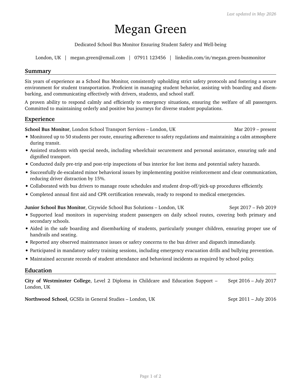 School Bus Monitors CV in English — page 1