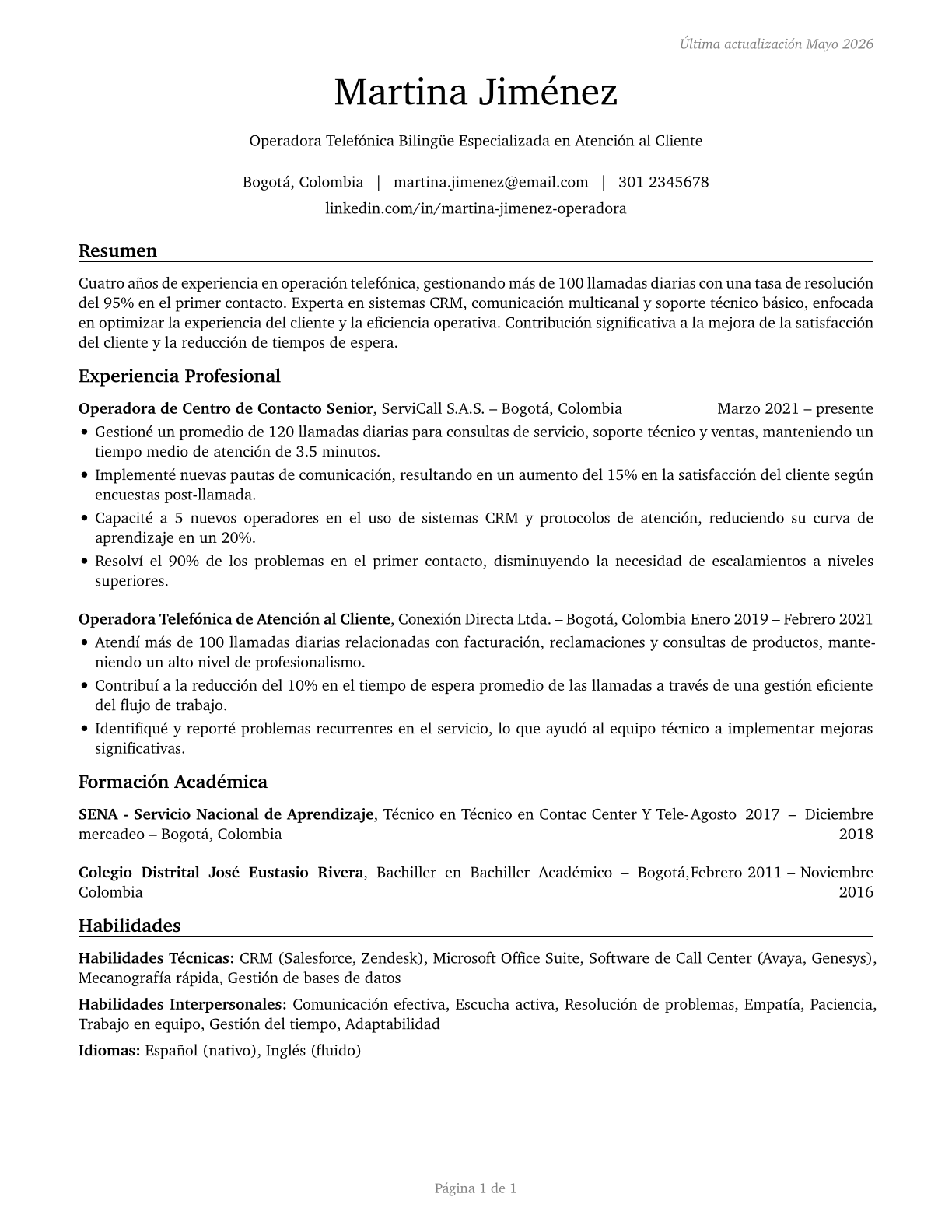 Telephone Operators CV in Spanish — page 1