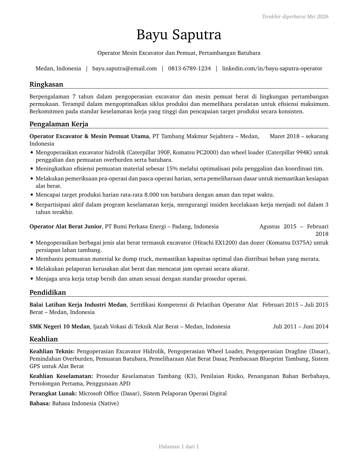Excavating and Loading Machine and Dragline Operators, Surface Mining CV in Indonesian — page 1