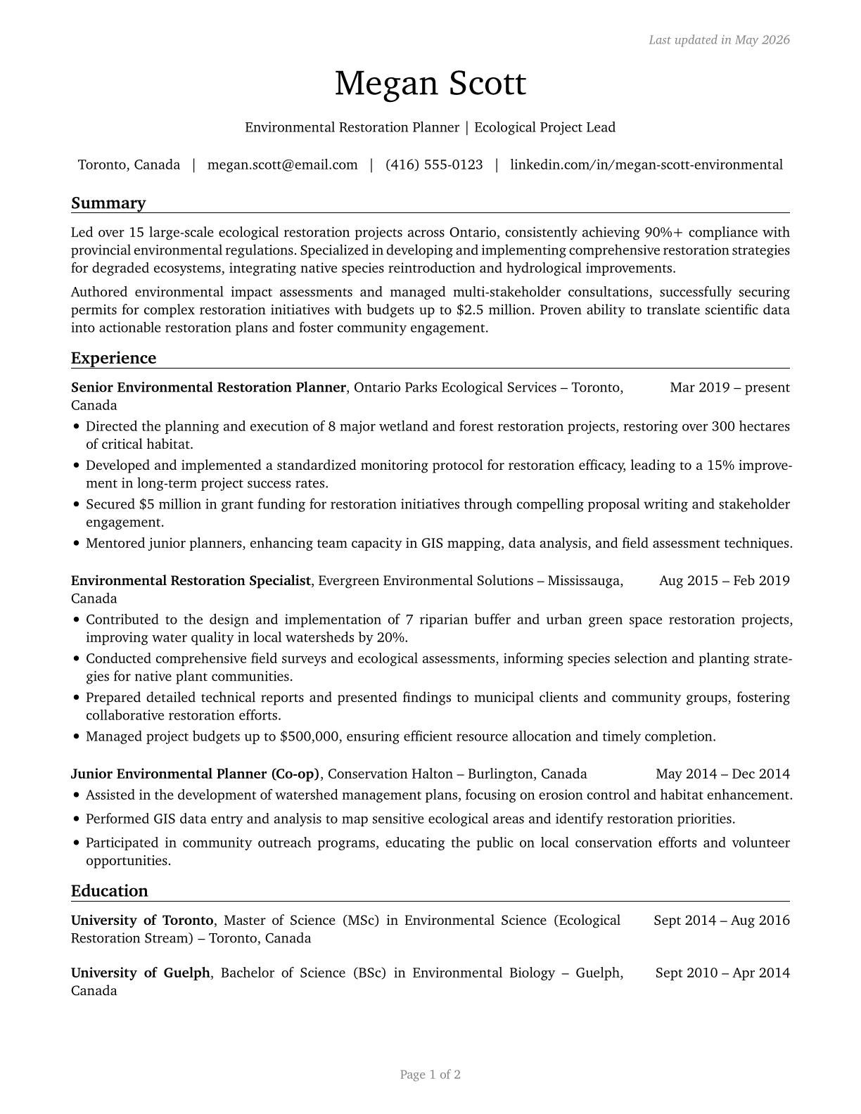Environmental Restoration Planners CV in English — page 1