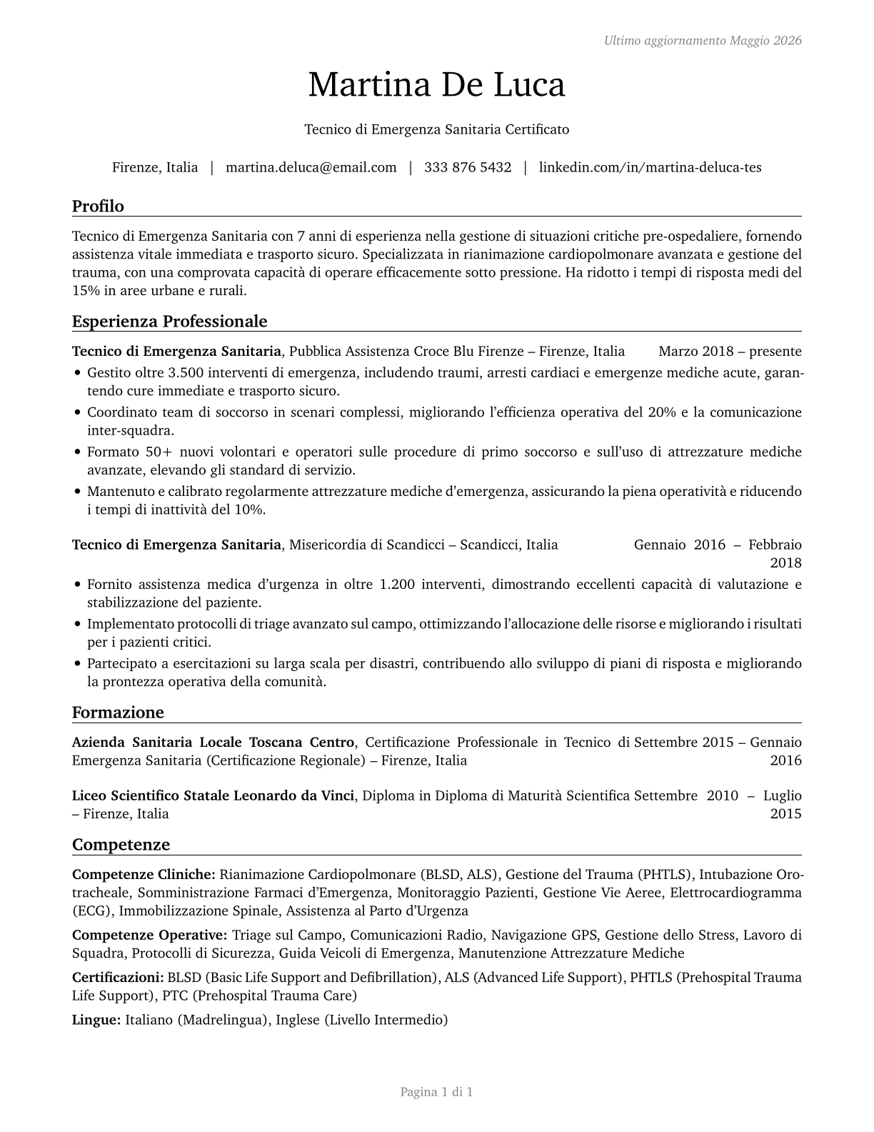 Emergency Medical Technicians CV in Italian — page 1