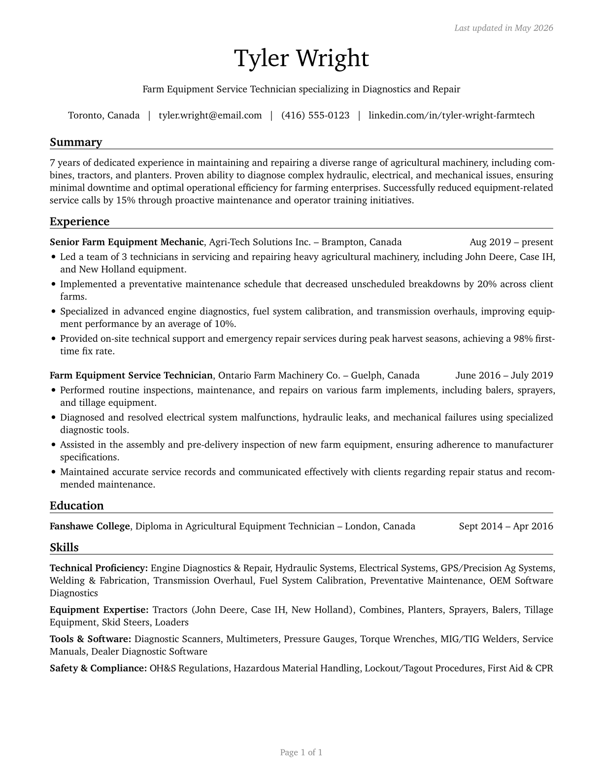 Farm Equipment Mechanics and Service Technicians CV in English — page 1