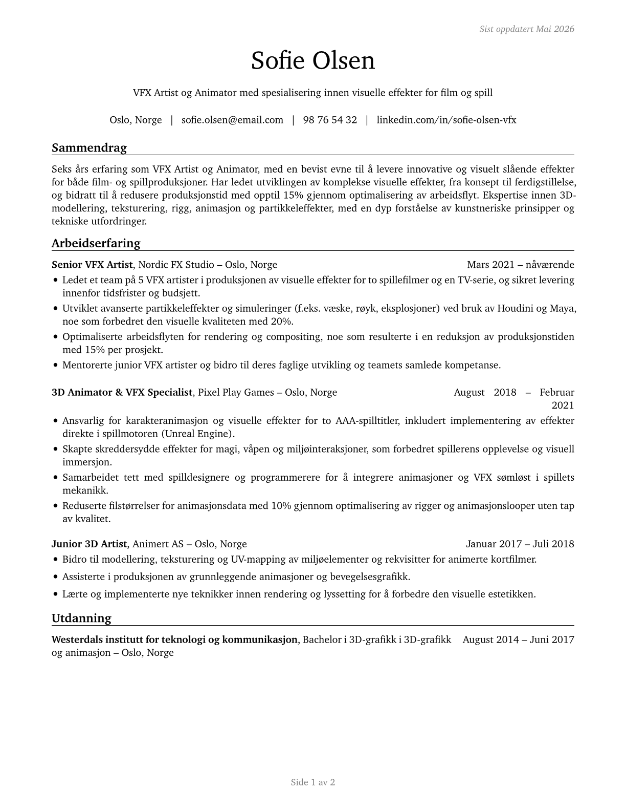 Special Effects Artists and Animators CV in Norwegian_bokmal — page 1