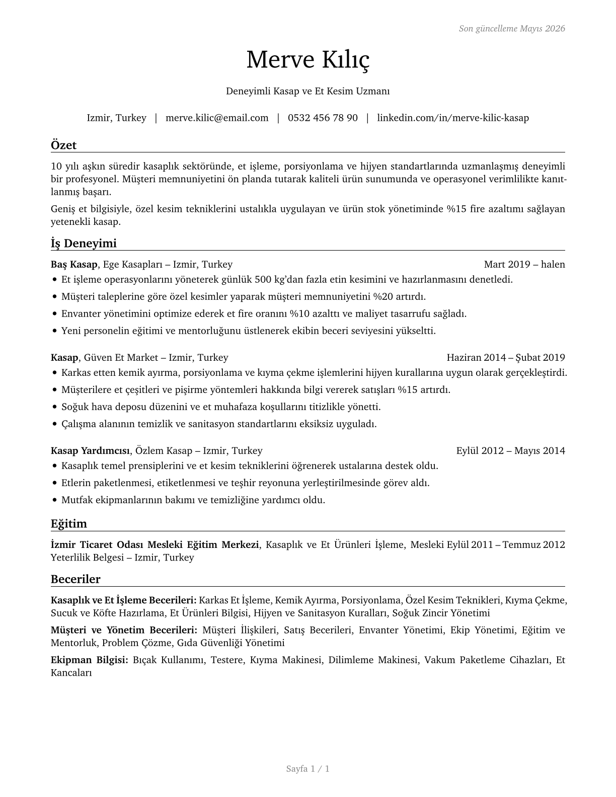 Butchers and Meat Cutters CV in Turkish — page 1