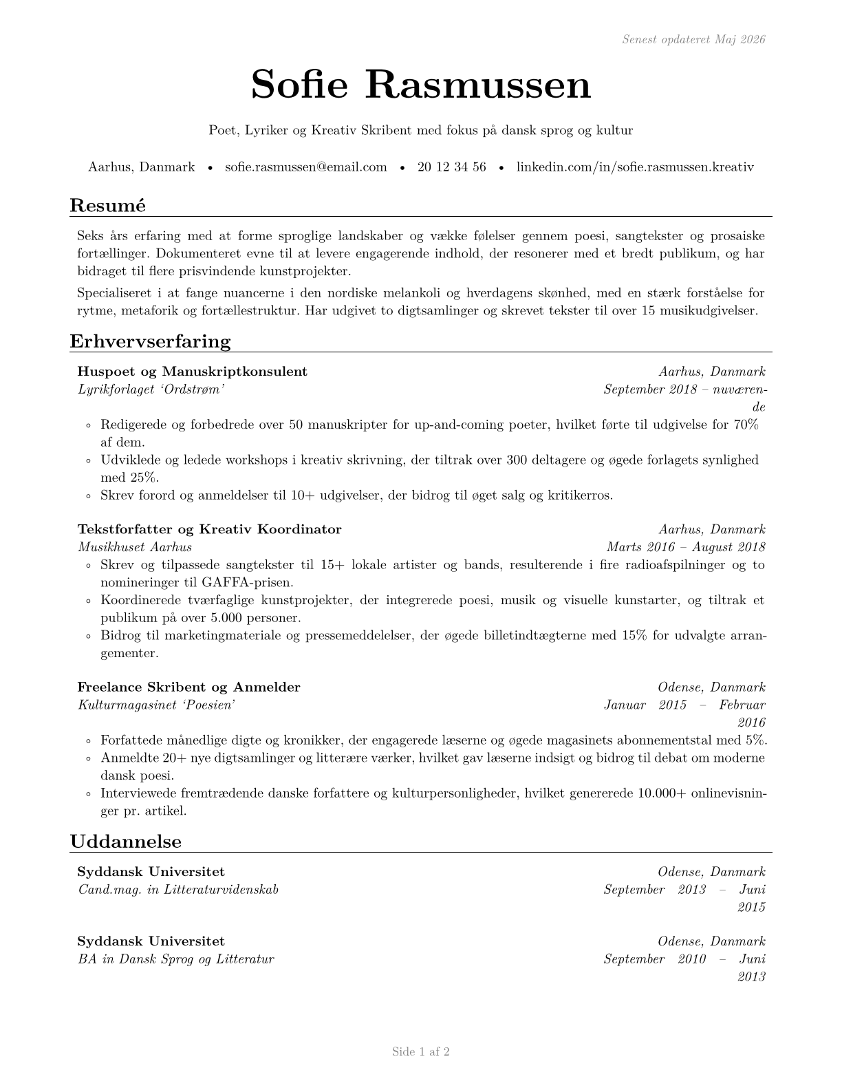 Poets, Lyricists and Creative Writers CV in Danish — page 1