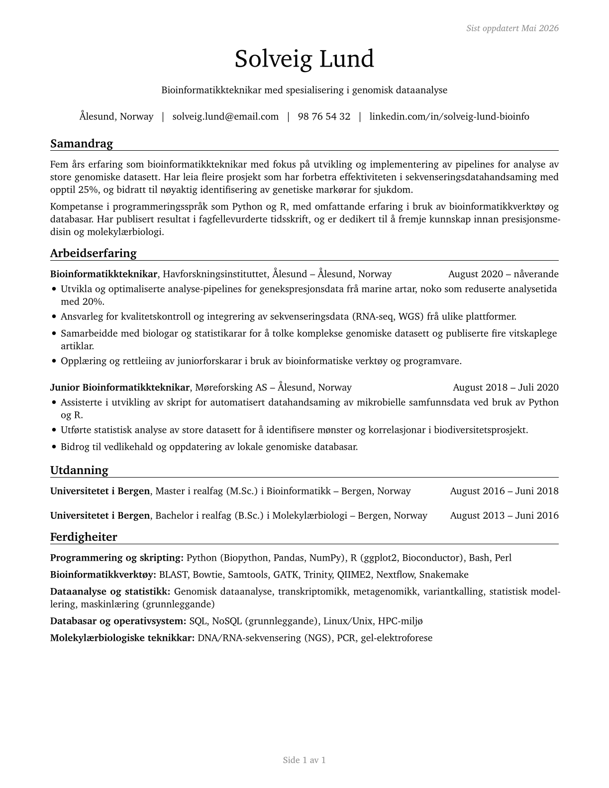 Bioinformatics Technicians CV in Norwegian_nynorsk — page 1