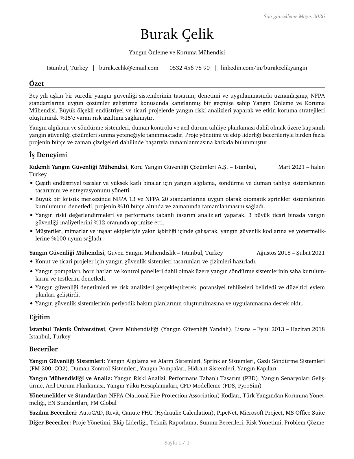 Fire-Prevention and Protection Engineers CV in Turkish — page 1
