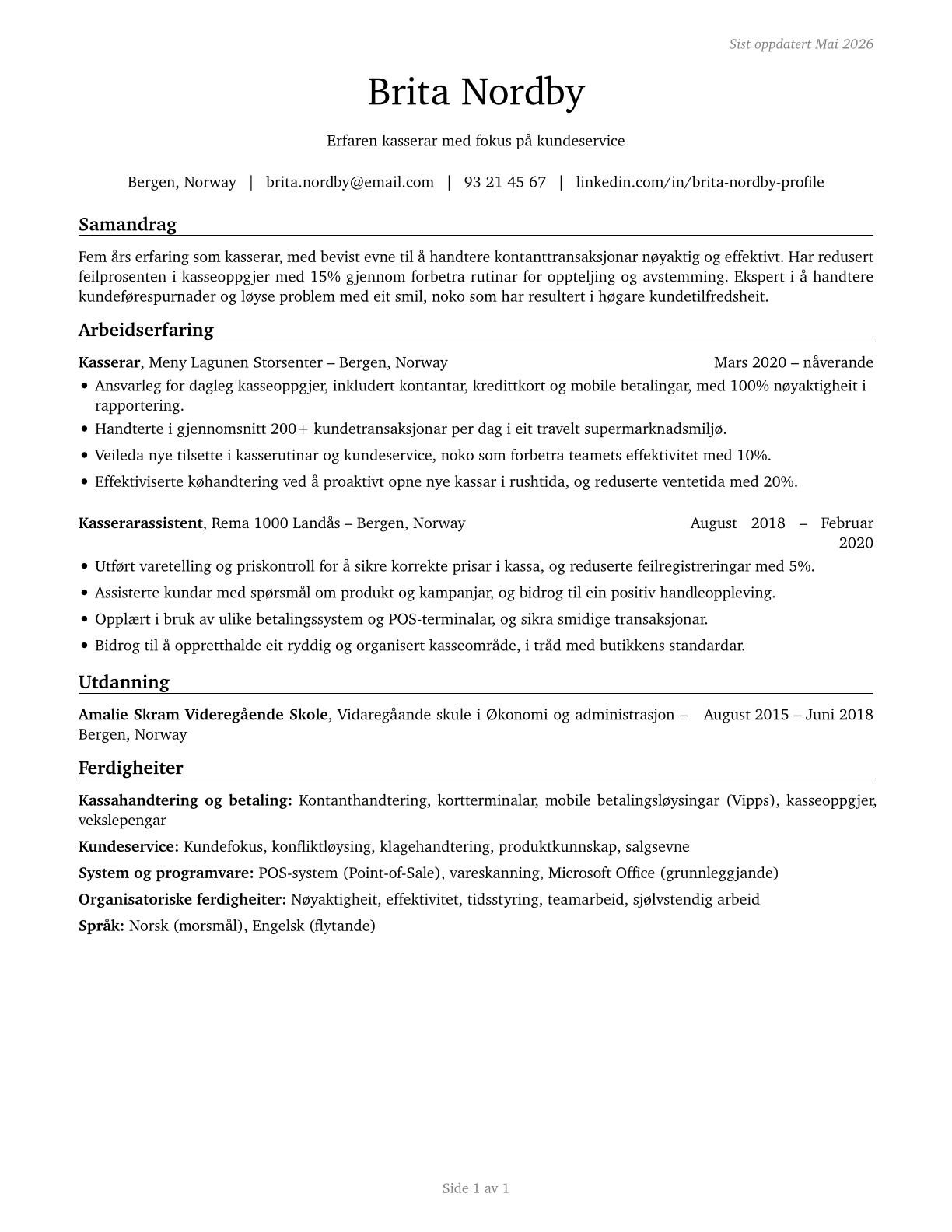 Cashiers CV in Norwegian_nynorsk — page 1