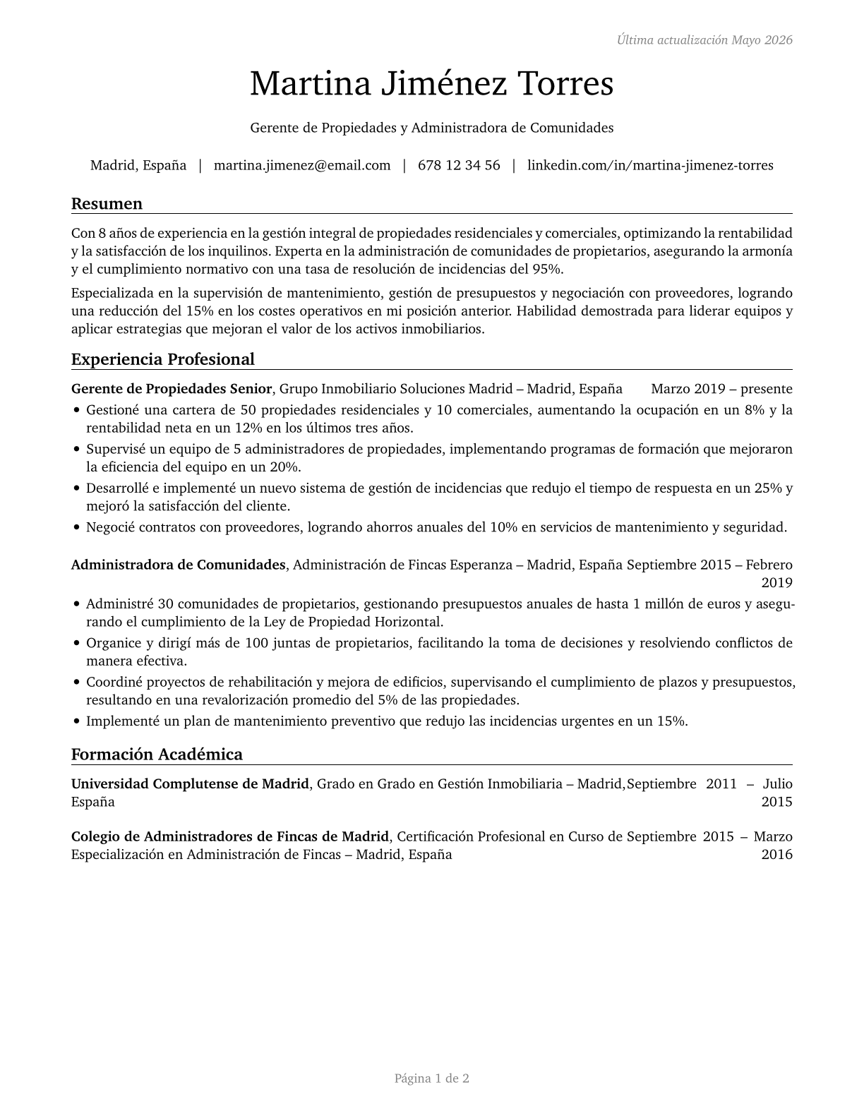 Property, Real Estate, and Community Association Managers CV in Spanish — page 1
