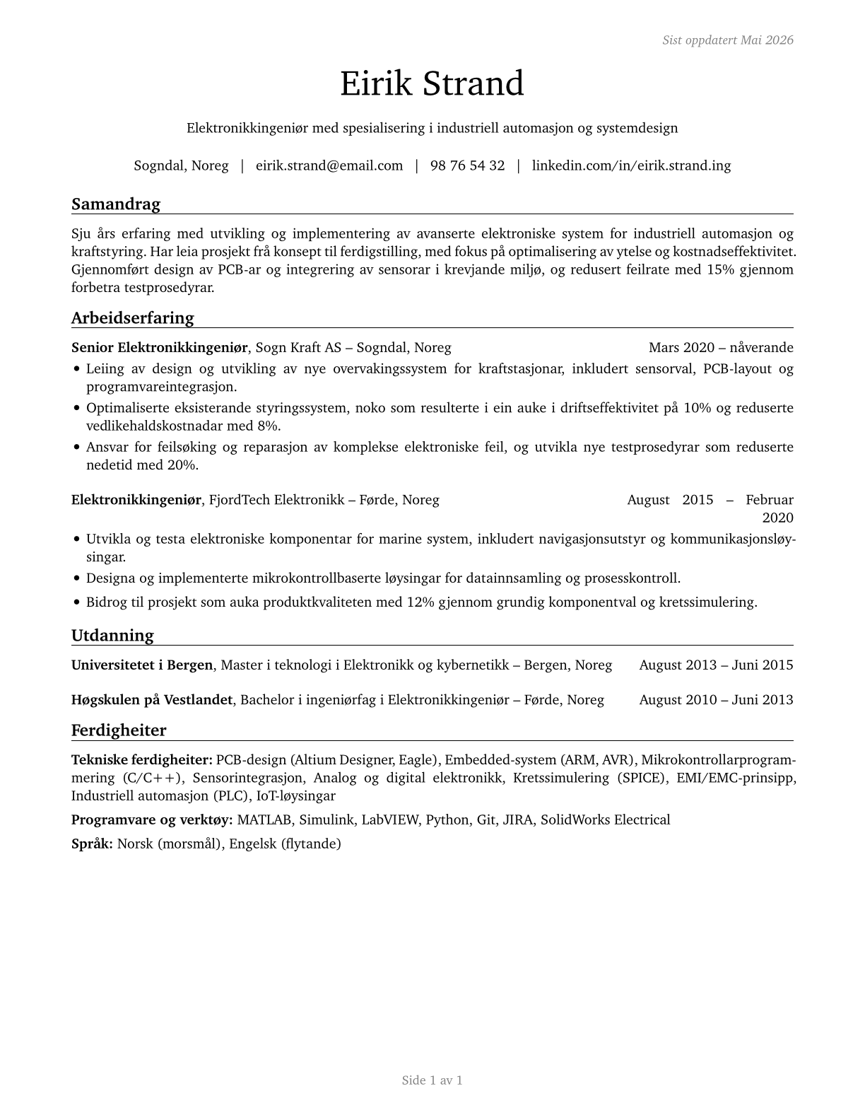 Electronics Engineers, Except Computer CV in Norwegian_nynorsk — page 1